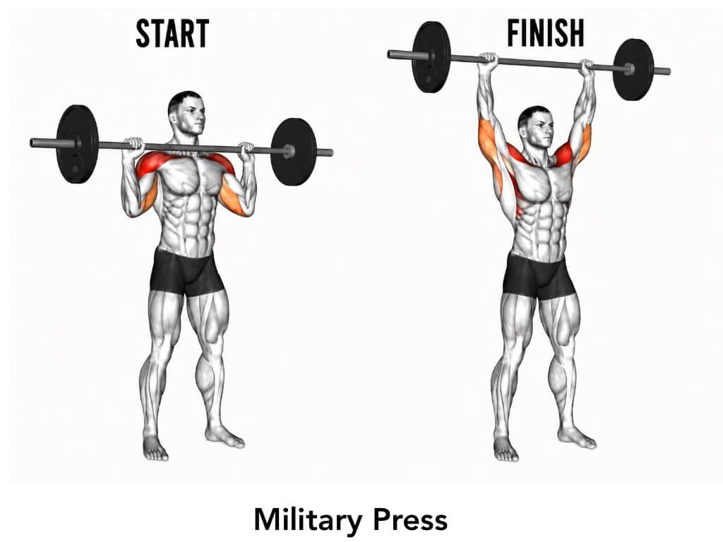 Illustration of a man performing a military press with a barbell, showing start and finish positions, highlighting shoulder and arm muscles.