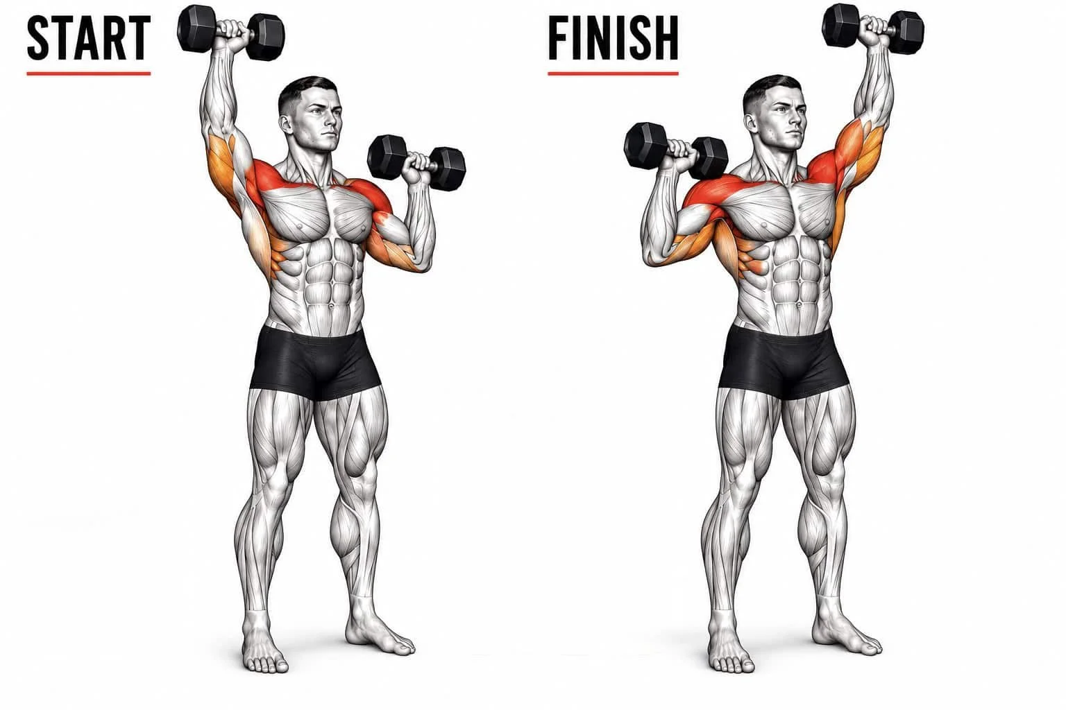 A muscular man demonstrates a dumbbell shoulder press exercise, starting with dumbbells at shoulder level and finishing with arms fully extended overhead. Muscles worked are highlighted.