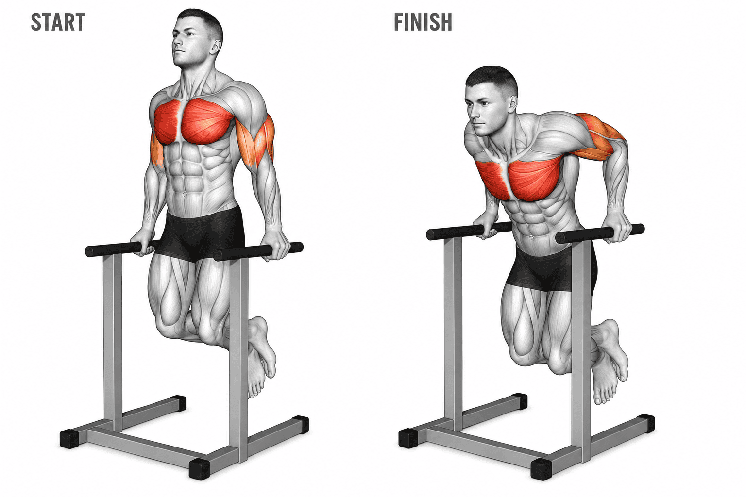 Side-by-side illustration of a man performing a dip exercise with a dip station, showing the starting position on the left and the finishing position on the right, highlighting the pectoral, triceps, and shoulder muscles.