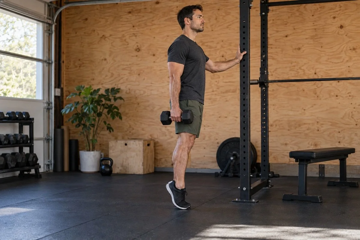 Man performing a supported single-leg dumbbell calf raise in a garage home gym.