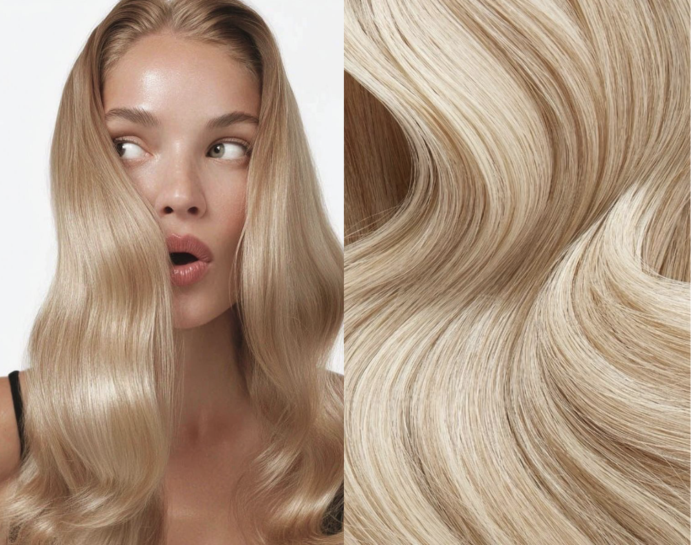 A woman with long, shiny blonde hair on the left side, and a close-up of blonde hair strands on the right side.