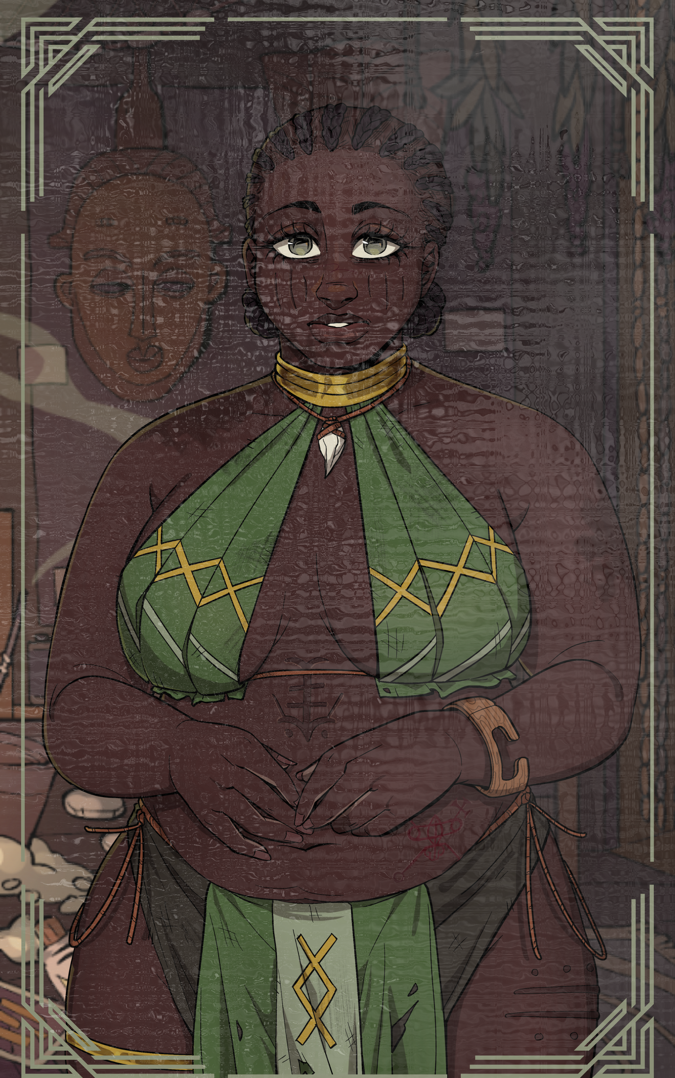 Une femme africaine avec des cheveux tressés, portant des vêtements traditionnels verts et dorés, avec une expression confiante, assise dans un décor artistique.