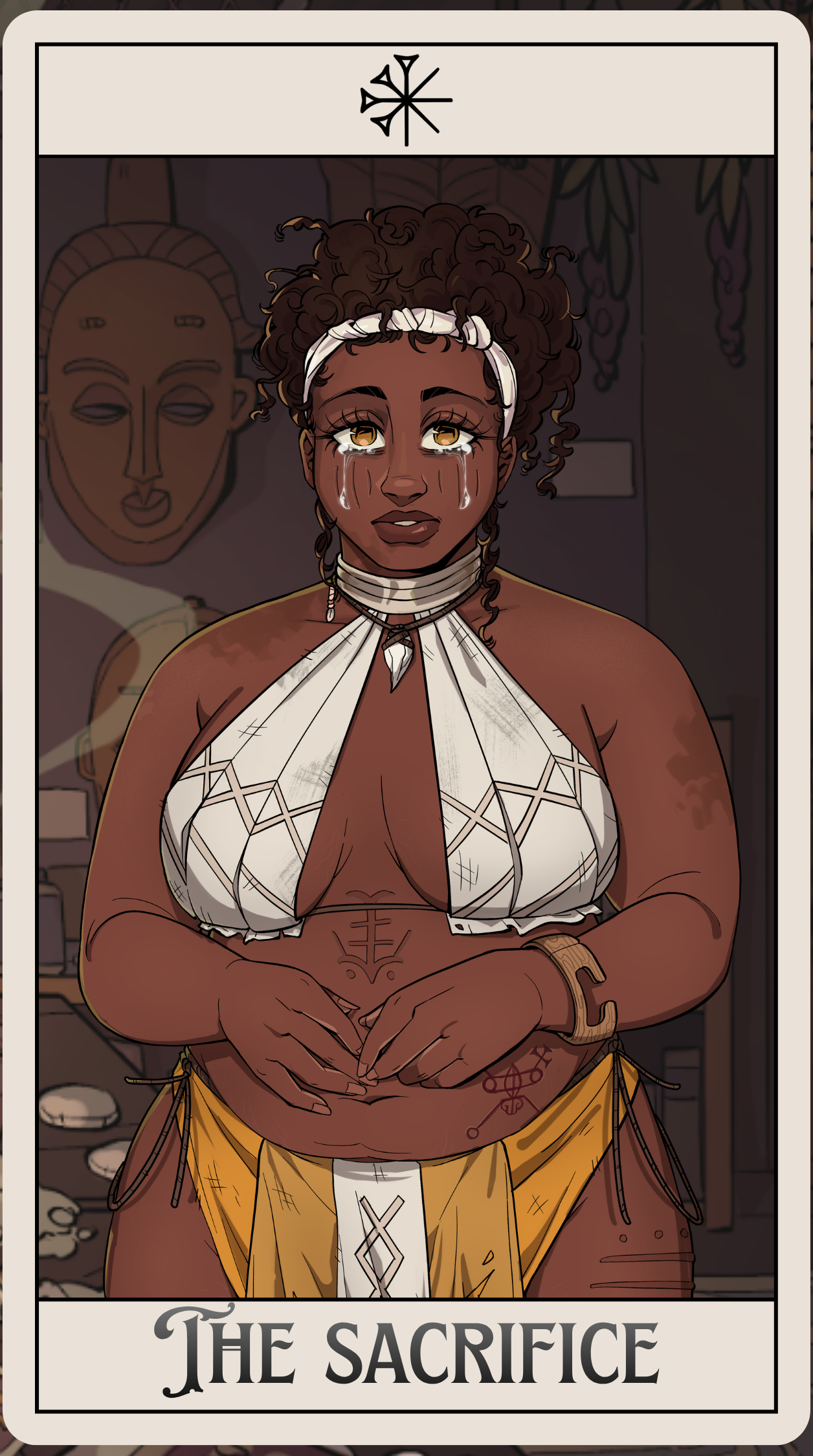 Une femme avec une peau foncée, des cheveux bouclés, portant un bandeau blanc, une robe blanche et une jupe jaune, avec des tatouages, pleurant en regardant devant elle, debout dans un décor avec des masques et des objets tribaux. En bas, la légende indique 'Le Sacrifice'.