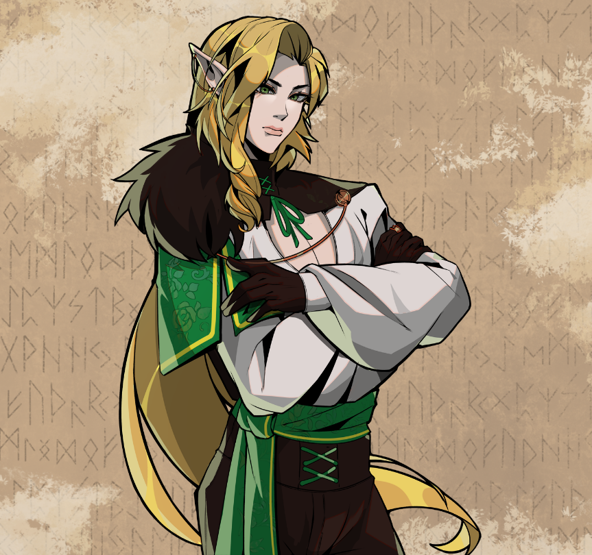 character with long blonde hair, pointed ears, and green eyes, wearing medieval-themed clothing, including a white shirt with green accents, a green sash, and black gloves, standing with arms crossed against a parchment-style background with runic symbols.