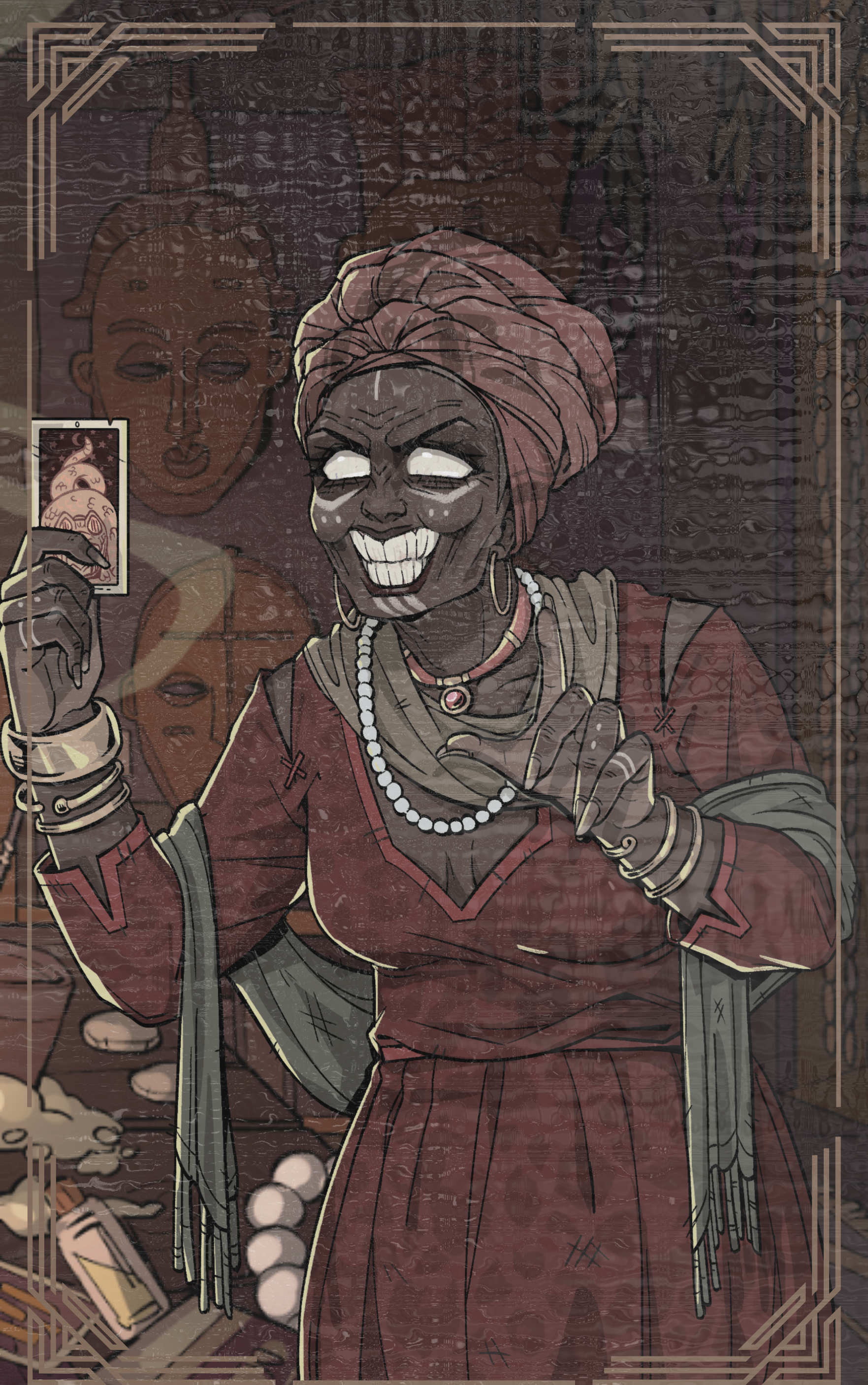 Une illustration d'une femme souriante portant un turban rose et des bijoux, tenant une carte à jouer, dans un style artistique avec un fond sombre et une fois de plus un autre visage en arrière-plan.