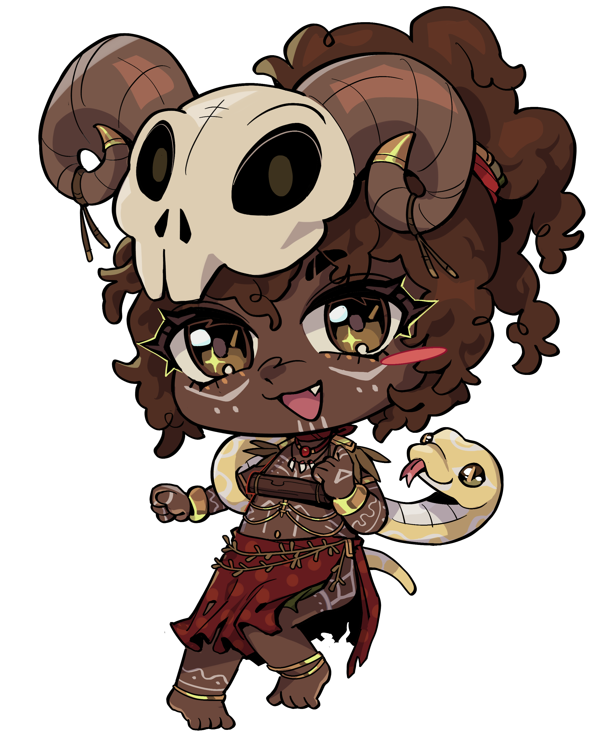 chibi of an afro visual novel game character dressed in tribal-style clothing and accessories, holding a skull with horns.