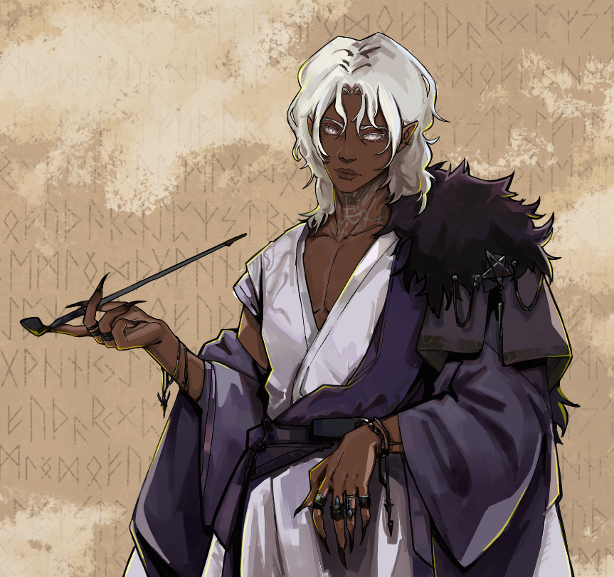 A fantasy character with dark skin, white hair, and pointed ears, dressed in a deep purple cloak with black fur shoulder accents, holding a wand, with rune-like writings on a textured beige background.