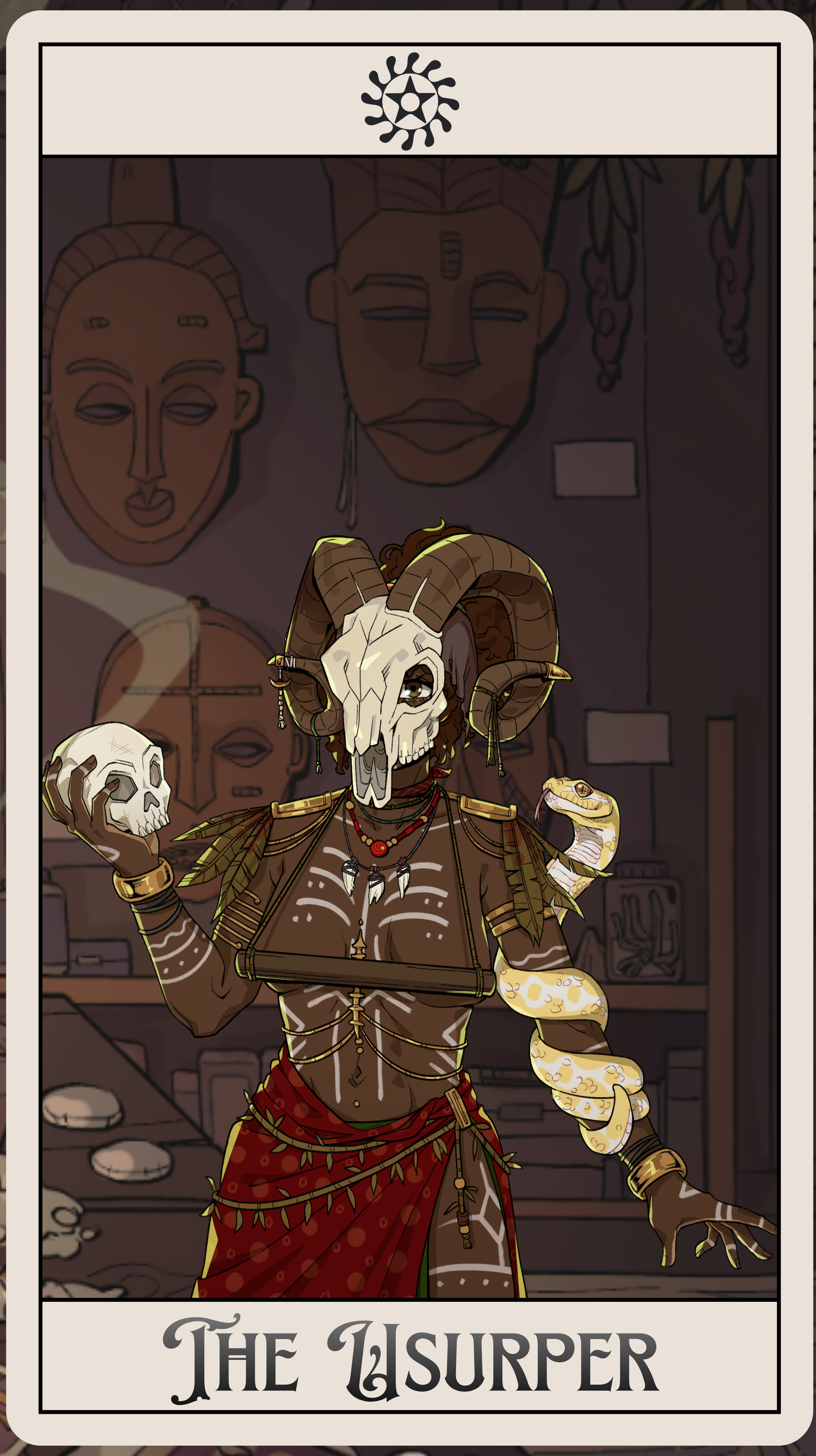 Un personnage avec une tête de crâne d'animal et des cornes, portant des bijoux et une peau de bête, tenant une petite tête de crâne et un serpent enroulé, dans une pièce décorée avec des masques et des artefacts, représentant le type de cartes de tarot nommé "The Usurper".