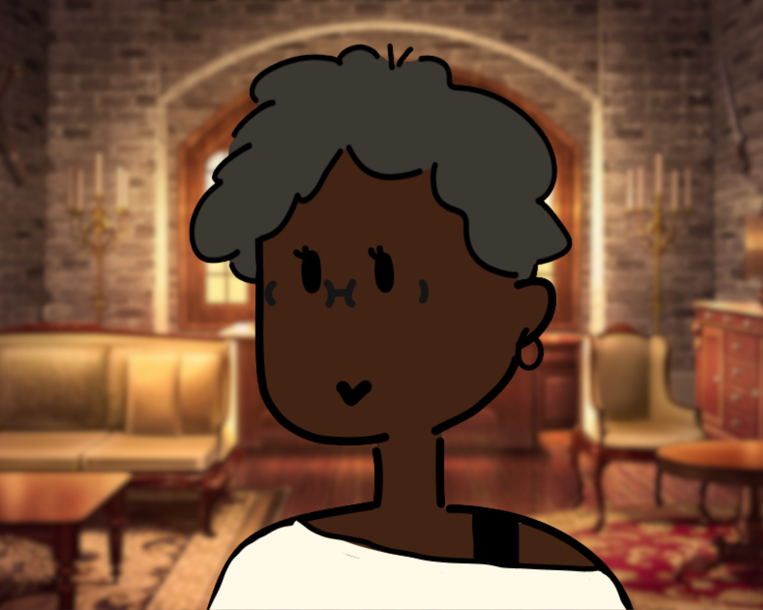dessin d'une femme avec des cheveux gris dans une pièce avec des livres et un décor en briques
