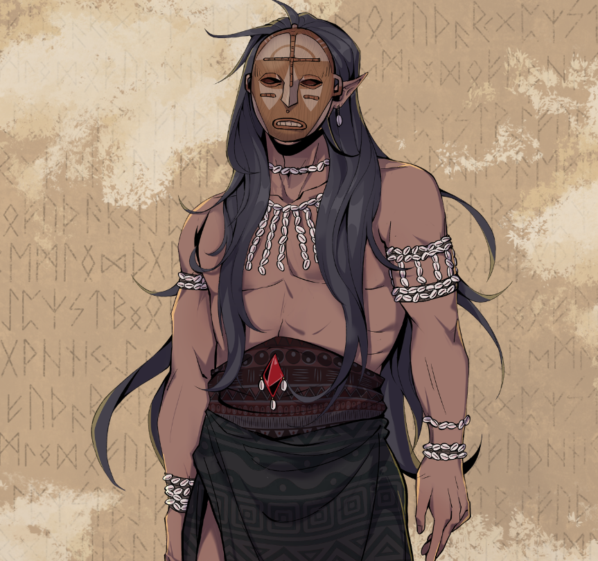 A fantasy character from a visual novel game with dark skin, long black hair, and elf-like ears wearing tribal jewelry and a wooden mask, standing against an ancient runic background.