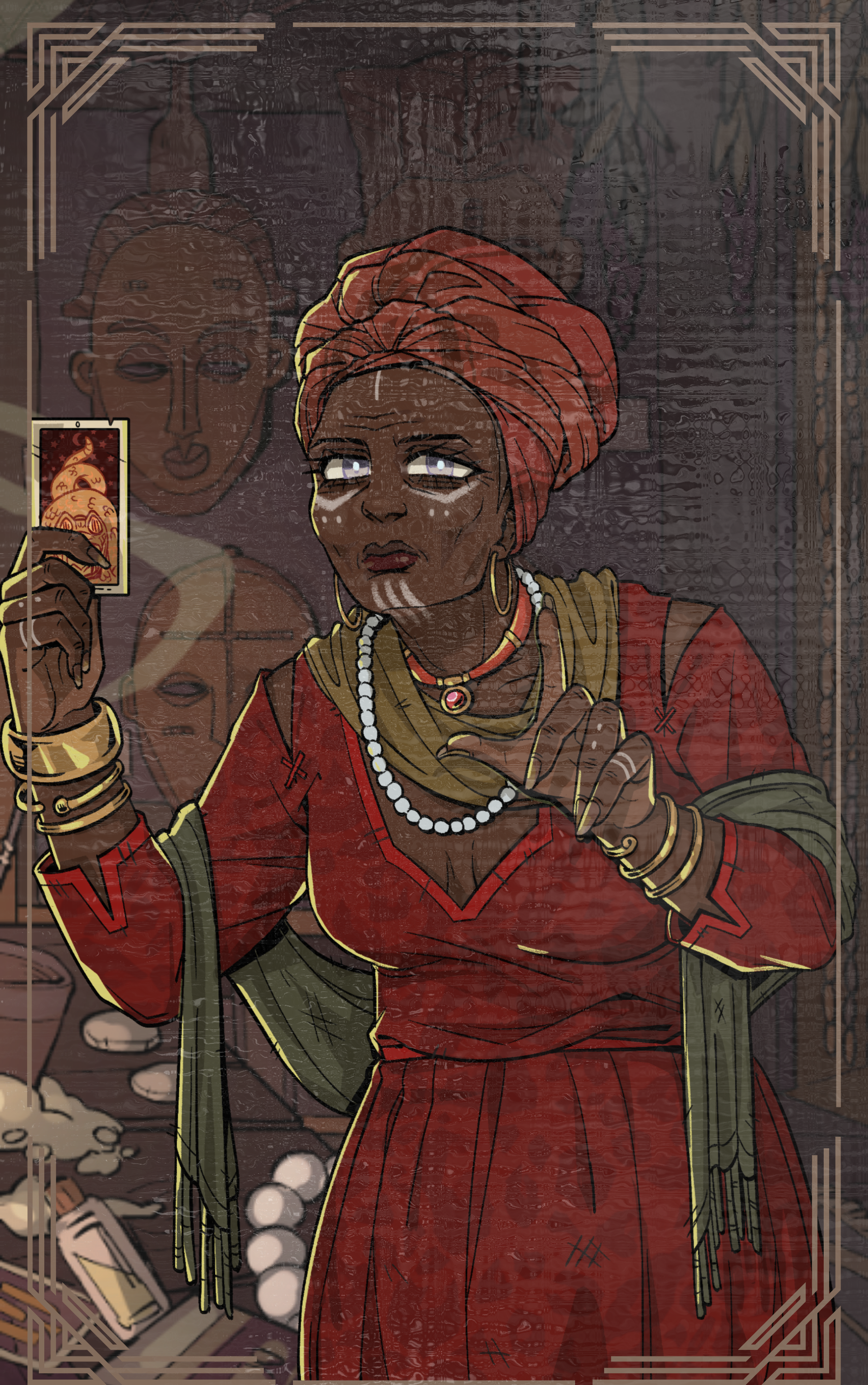 Une femme africaine habillée en tenue traditionnelle, portant un tissu rouge enroulé sur sa tête, tenant une carte de tarot, dans un environnement intérieur avec de nombreux objets et livres.