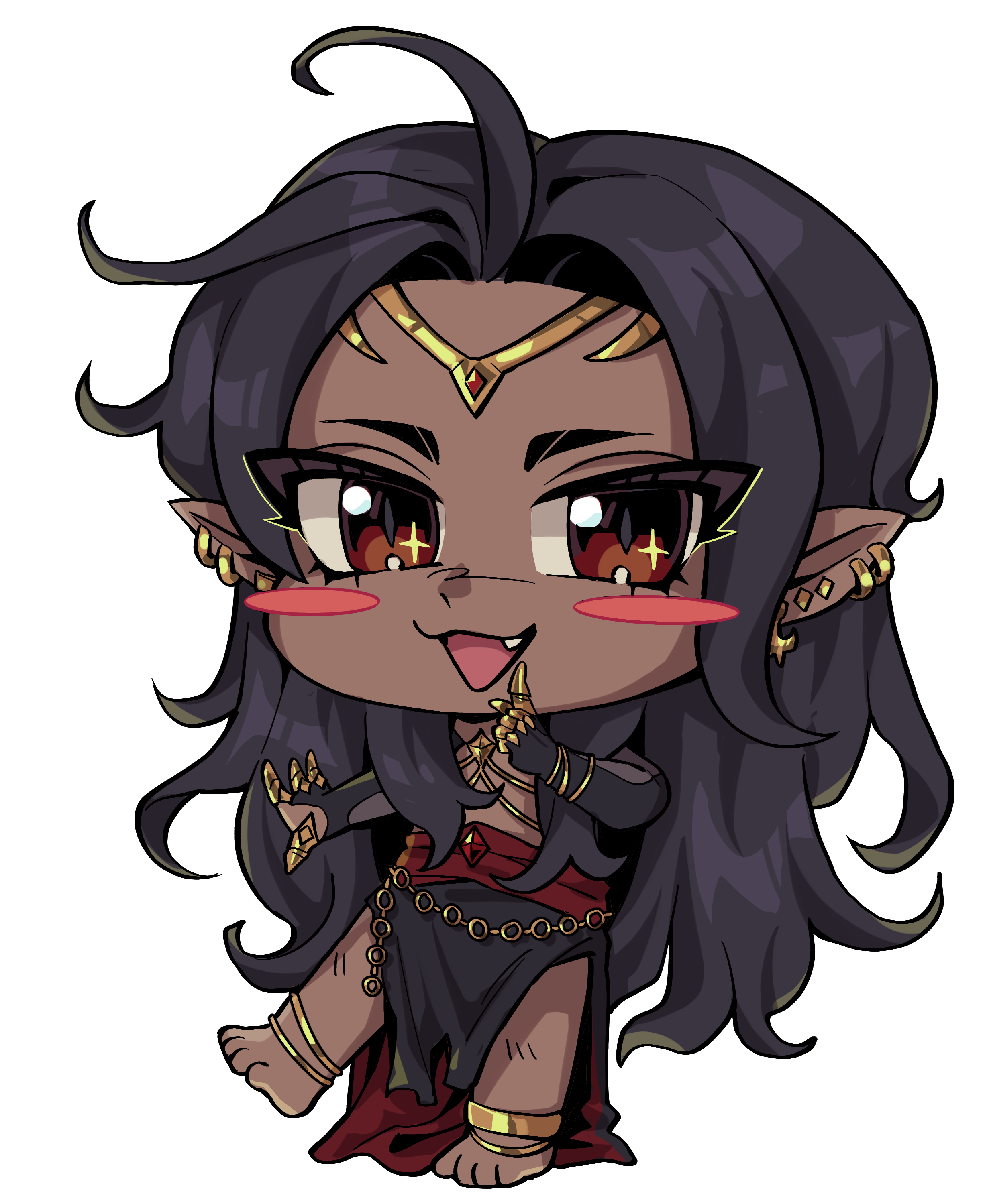 chibi illustration of a dark skinned elf  character with black hair, golden jewelry, and black clothing, smiling with blushing cheeks against a black background.