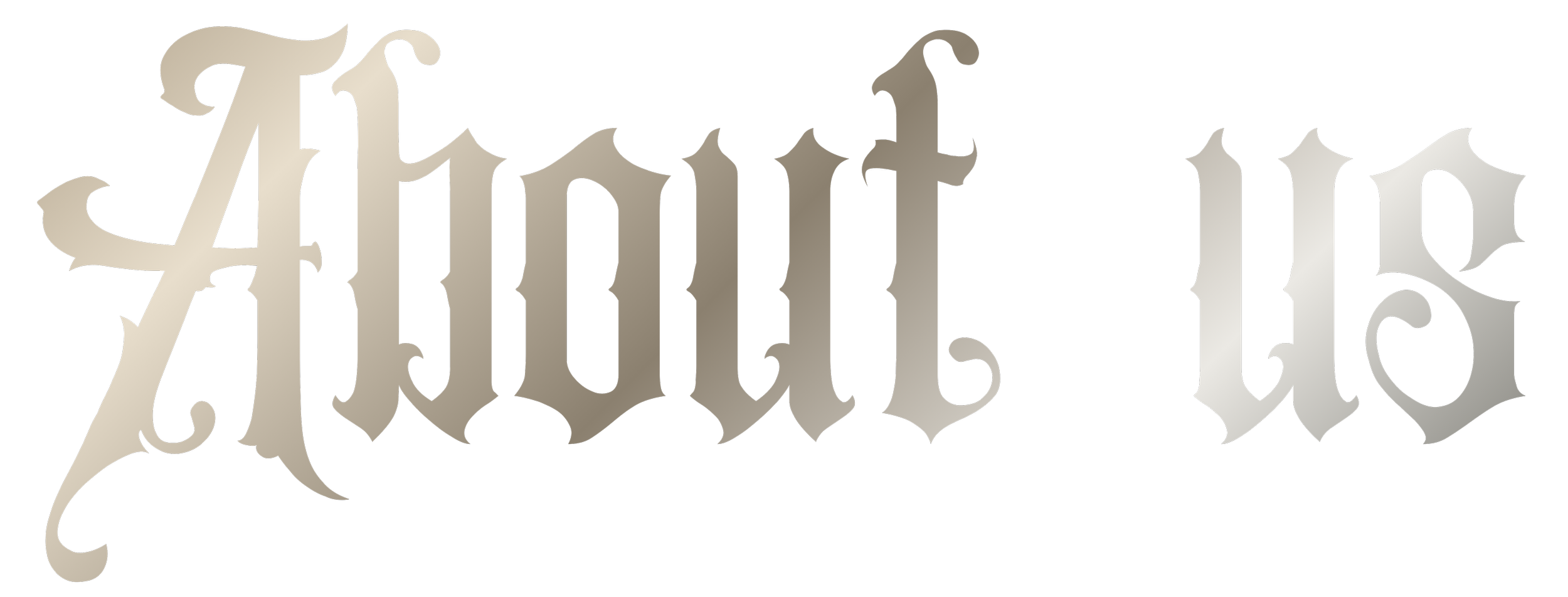 Logo stylisé avec texte en gothique, couleur dégradée de blanc à gris argenté, sur fond noir.