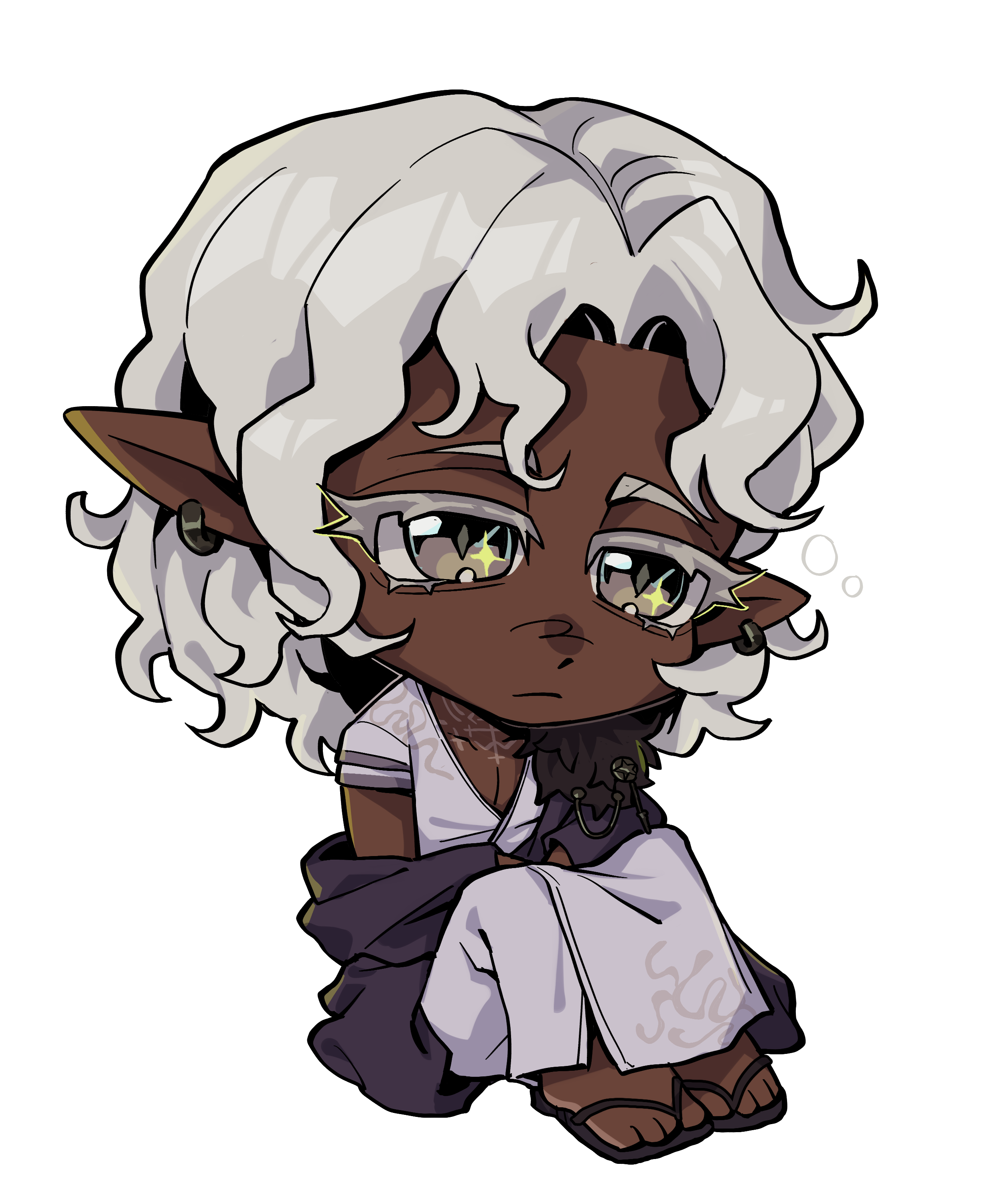 chibi illustration of a cute demi-god with dark skin, white hair, pointy ears, earrings, a white kimono
