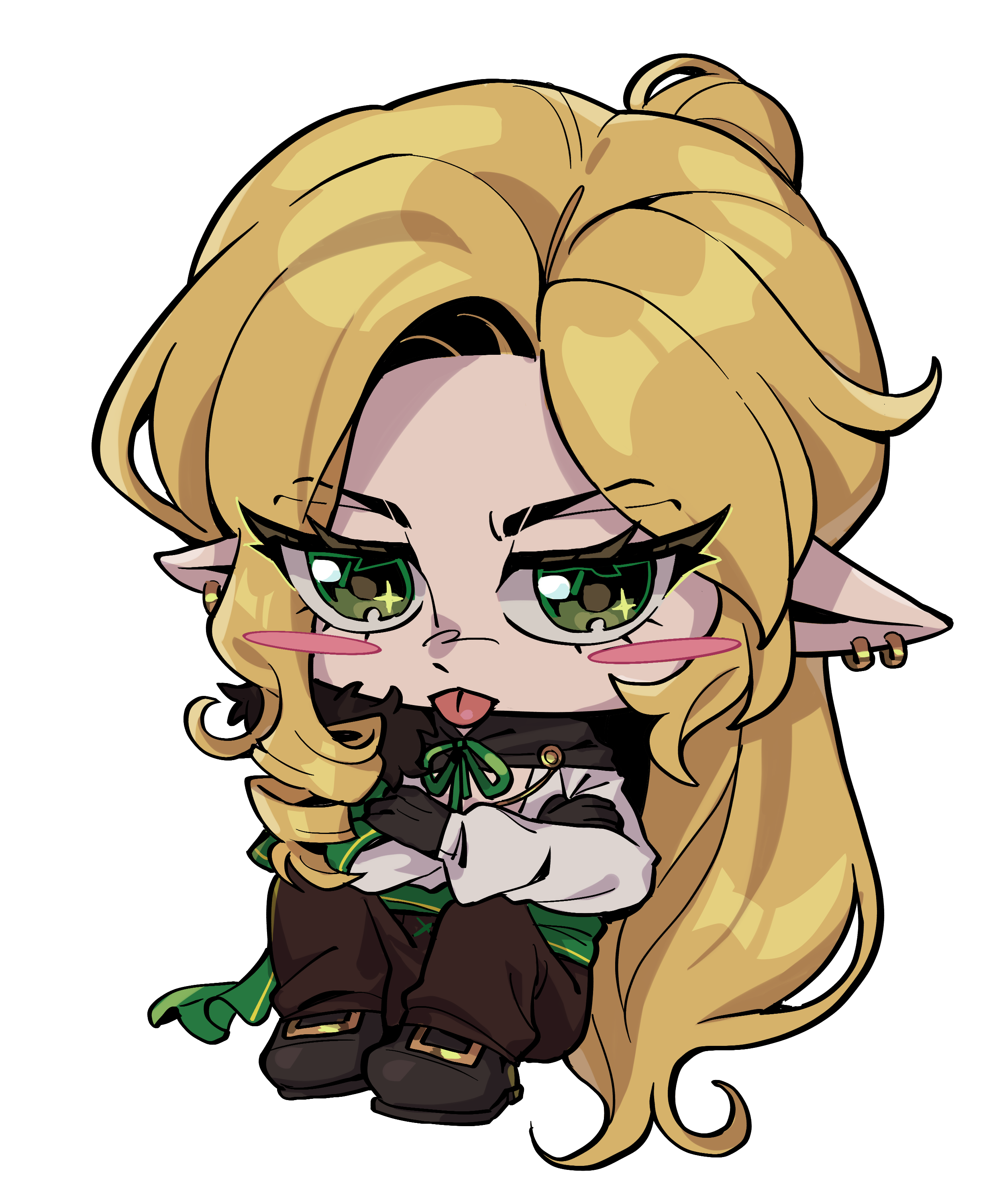 chibi illustration of a visual novel's game character with long blond hair, green eyes, he's dressed in a black and green outfit with a bow.