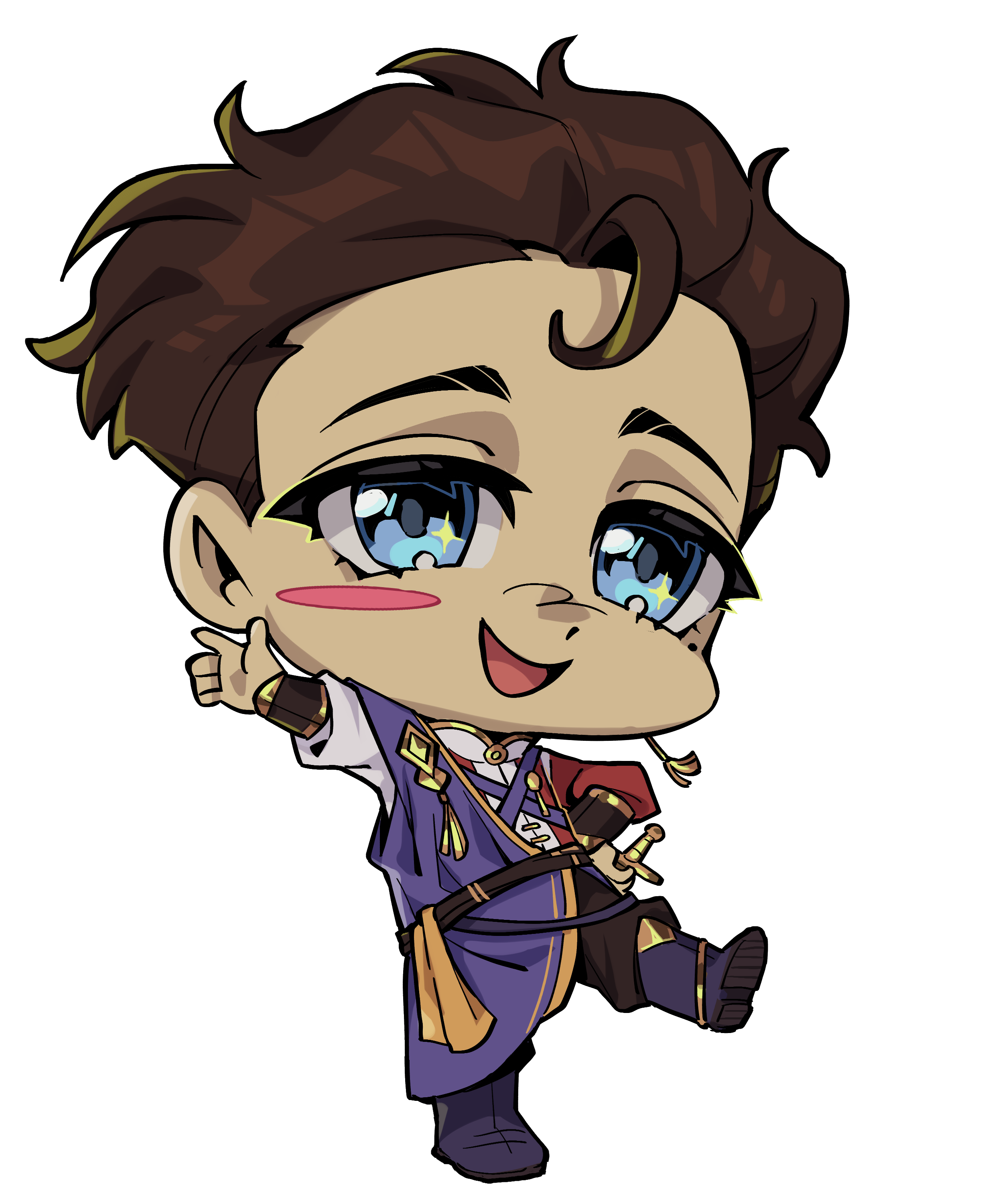 chibi illustration  of a  visual novel game character with brown hair, big blue eyes, and a playful expression, dressed in a fantasy-inspired outfit with armor-like details, pointing forward with one hand.