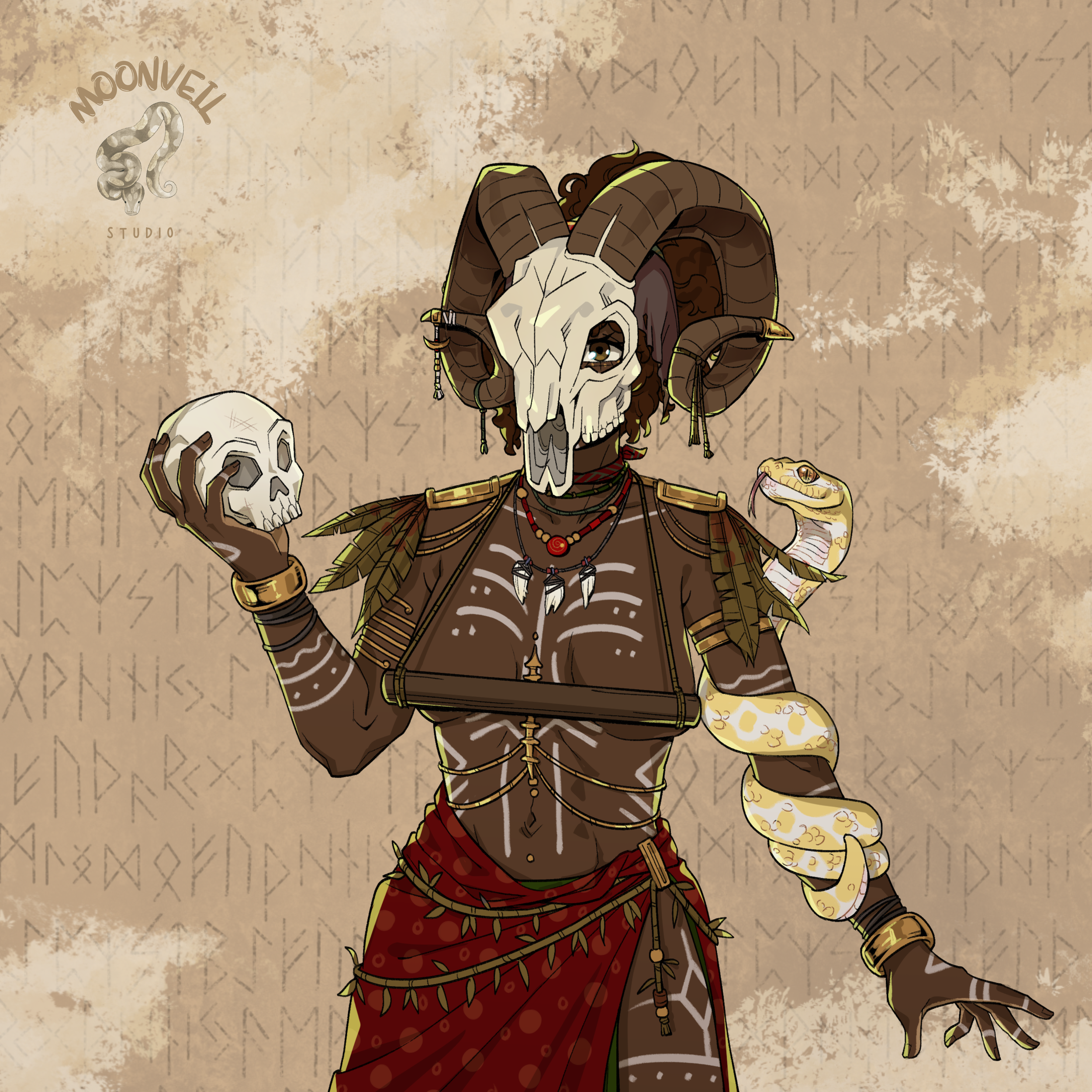 Illustration of an afro-fantasy visual novel game's character with a goat skull mask, large horns, tribal jewelry, and a staff, standing against a background with runic symbols and a moose skull logo.
