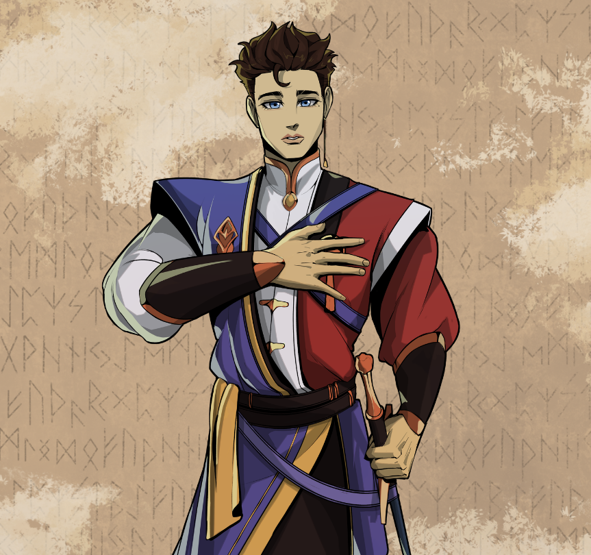 A visual novel game fantasy character with brown hair and blue eyes, wearing colorful robes and armor, placing one hand on his chest in a gesture of honor or respect, against a parchment background with runic symbols.