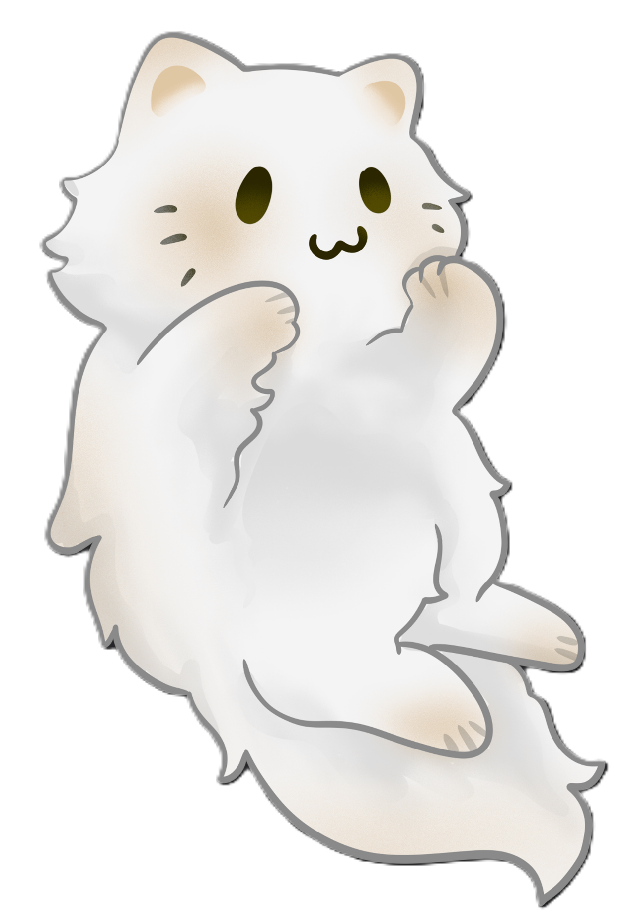 Chat blanc cartoon mignon avec une expression joyeuse, assis avec les pattes avant proches du visage.