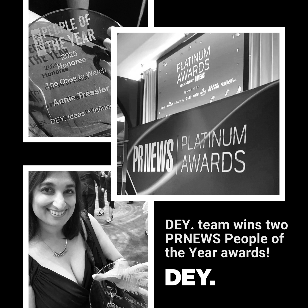 A marketing collage of Kavita Tomlinson winning an award for DEY.