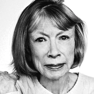 Black and white portrait of an older woman with short, layered hair, wearing a top, looking directly at the camera.