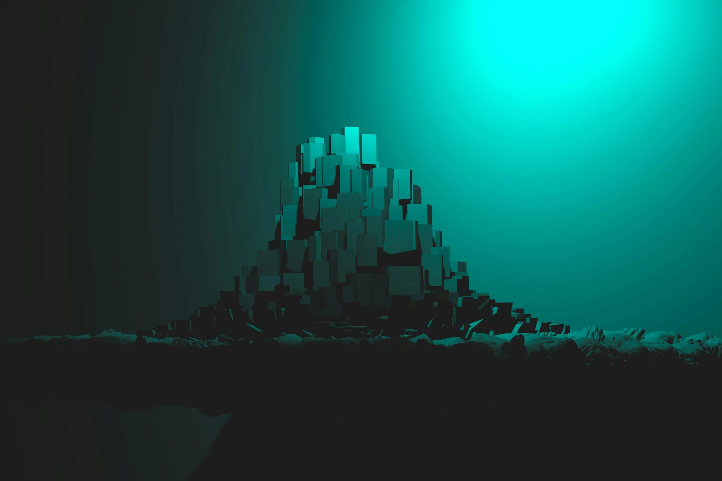 Digital art depicting a collection of interconnected rectangular blocks forming a mountain or cityscape against a bright teal and black gradient background.