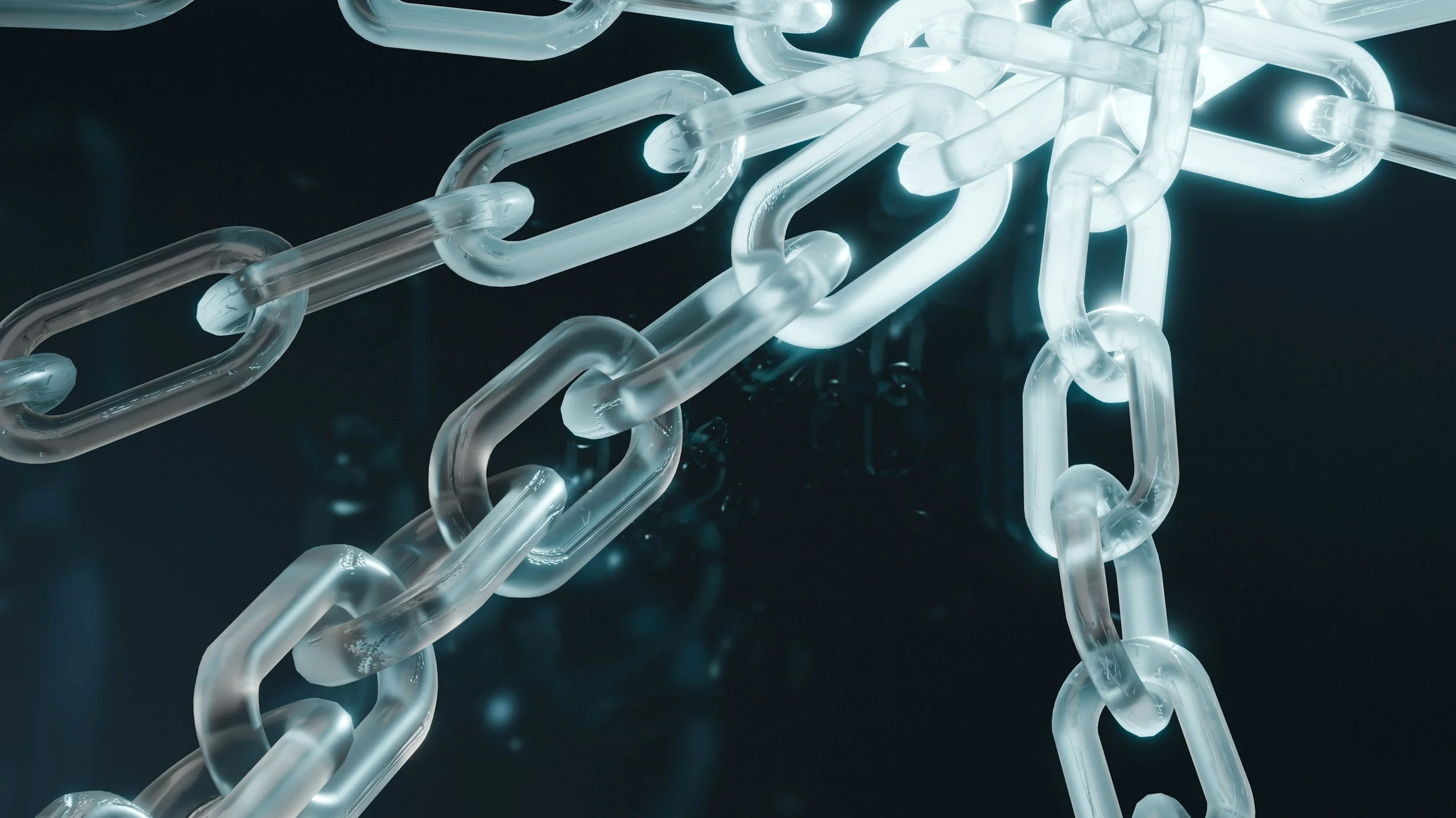 Close-up of glowing, transparent plastic chain links interconnected on a dark background. An image that represents third-party risk management in cyber security.