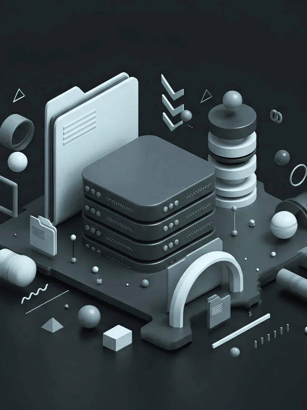 A digital illustration of technology equipment, including servers, a computer monitor, and various abstract geometric shapes in grayscale. An image representing cloud systems architecture.