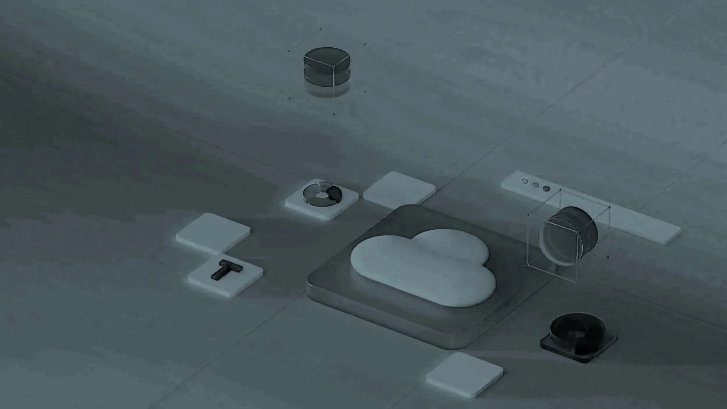 Close-up of a modern construction model with small white structures, black and gray cylindrical components, and geometric shapes, likely representing architectural or engineering designs. A design representative of cloud infrastructure.
