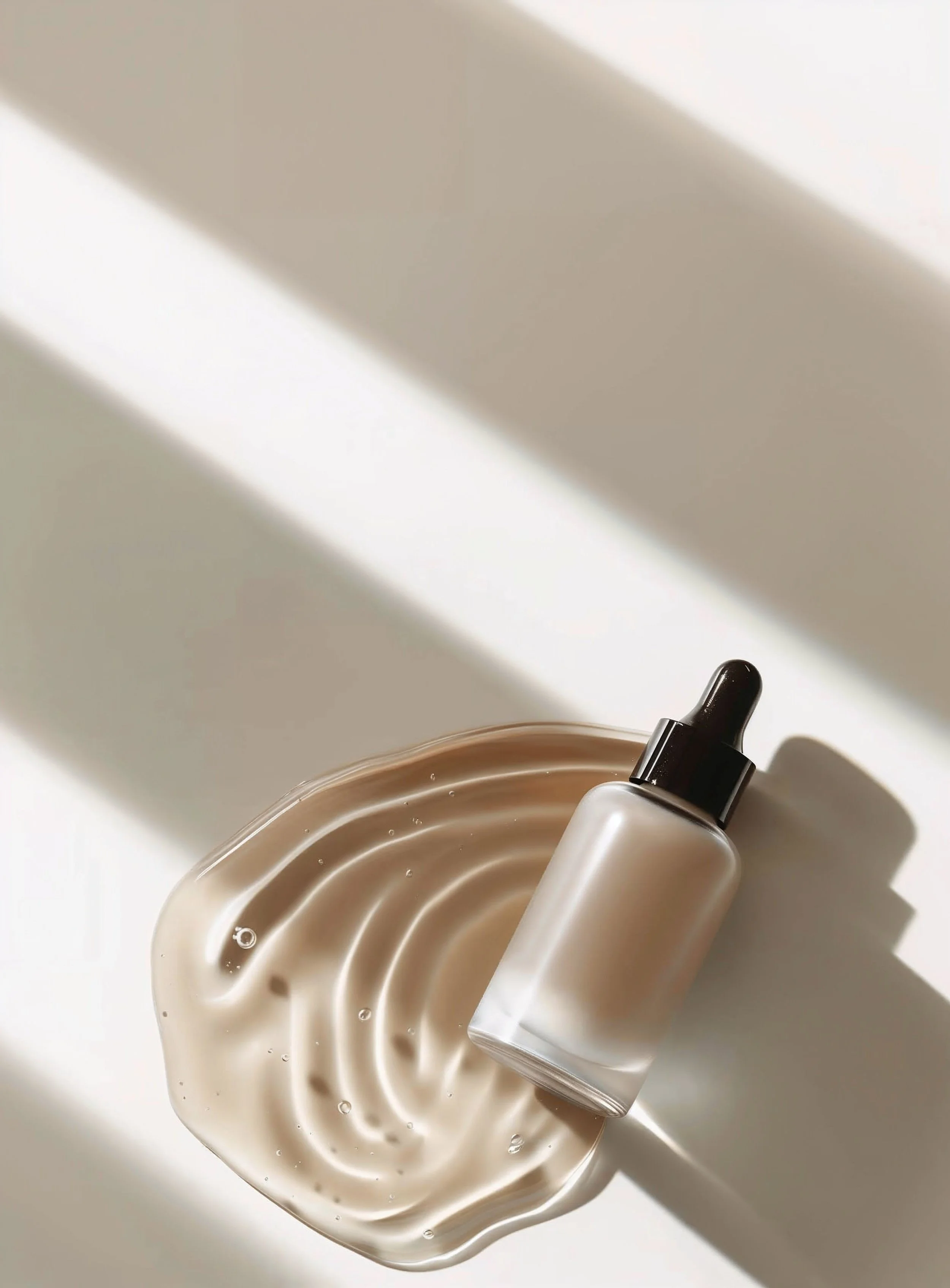 A close-up of a pump bottle with beige liquid soap, placed on a white surface with shadows and a plastic tray underneath.