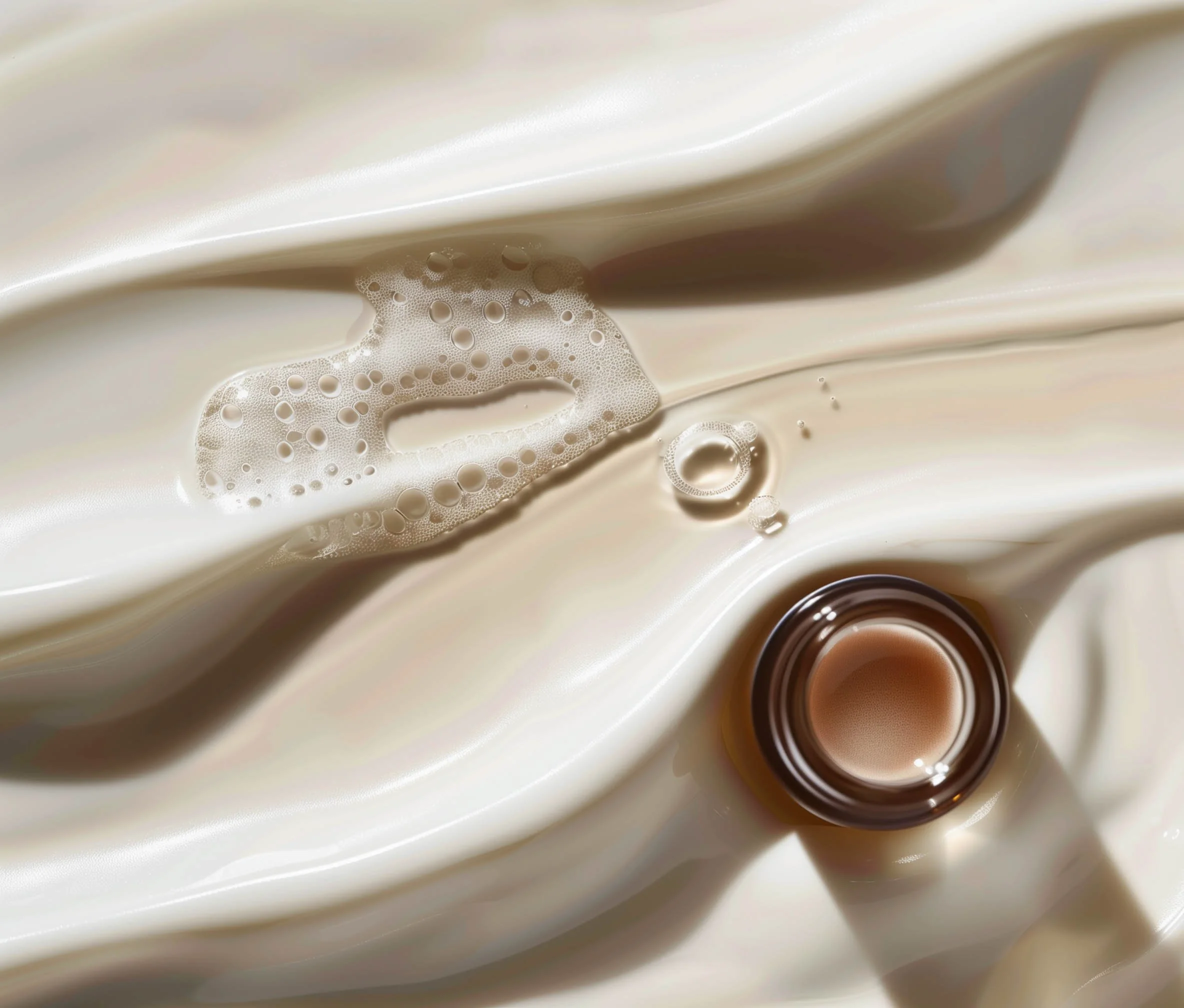Close-up of a creamy, swirling mixture of chocolate and vanilla ice cream with chocolate chunks and bubbles.