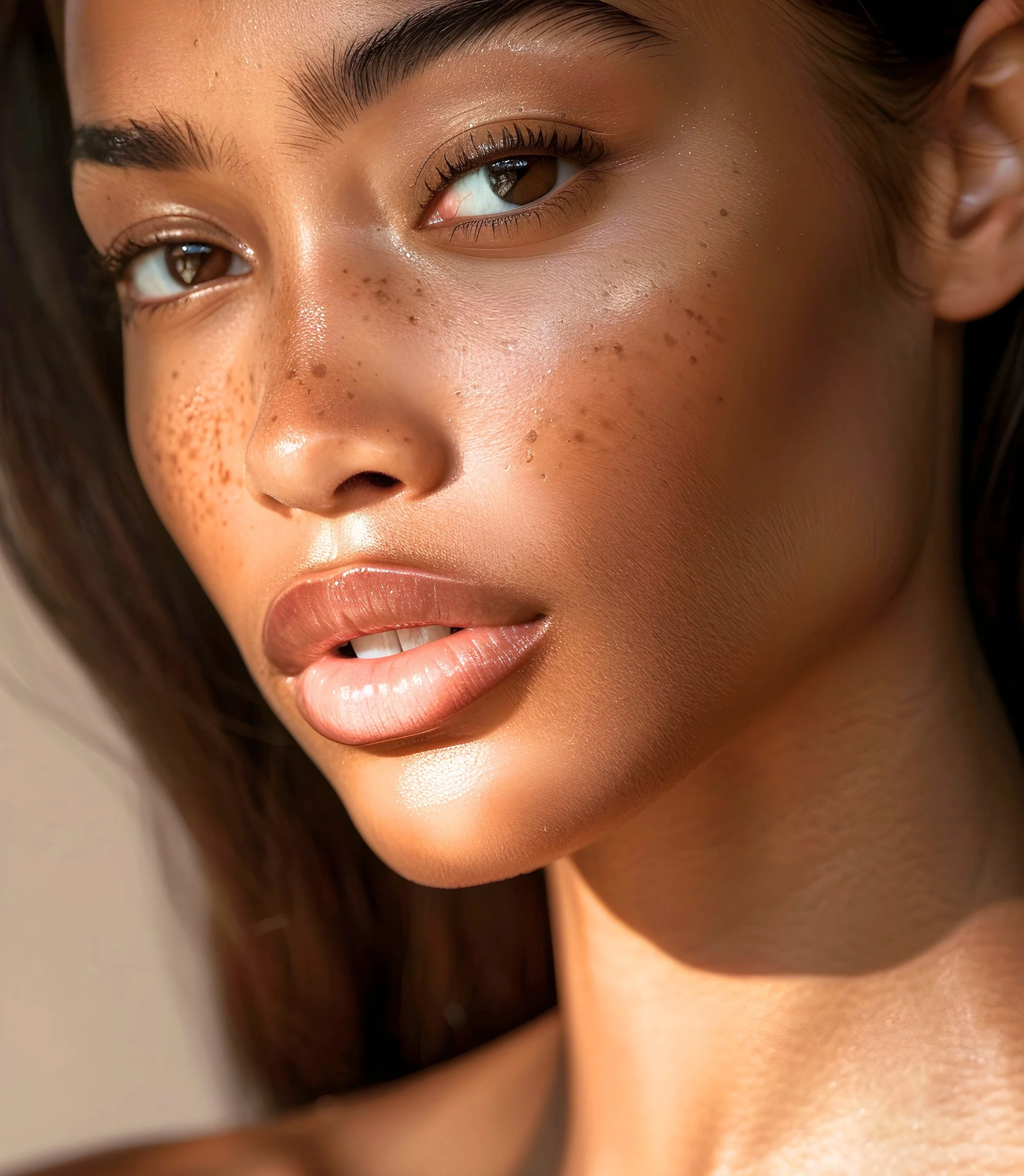 Close-up of a woman's face showing her eye, eyebrow, freckles, and part of her lips with glossy lipstick.