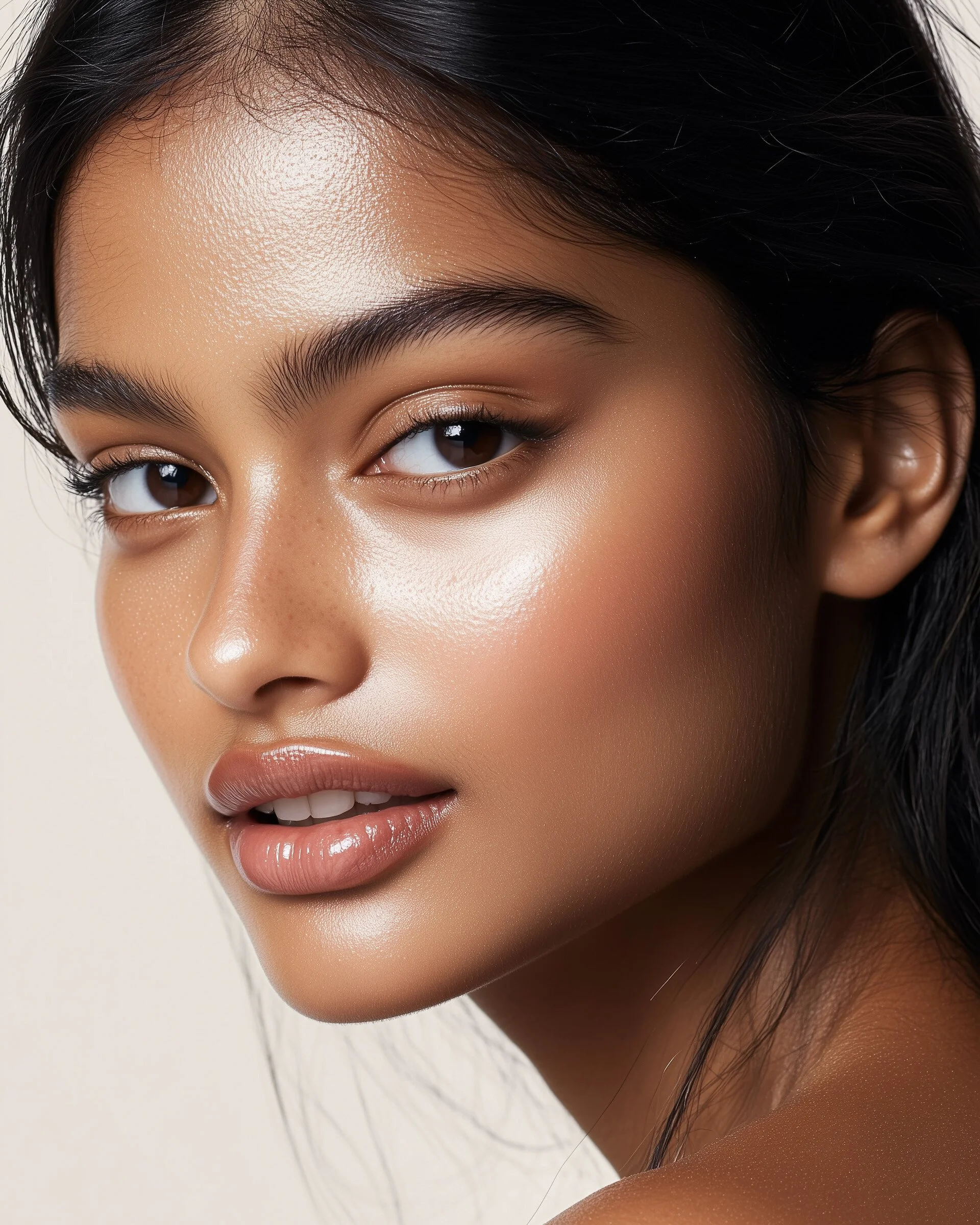 Close-up of a young woman with smooth tan skin, dark hair, and natural makeup, smiling softly revealing white teeth, against a light background.