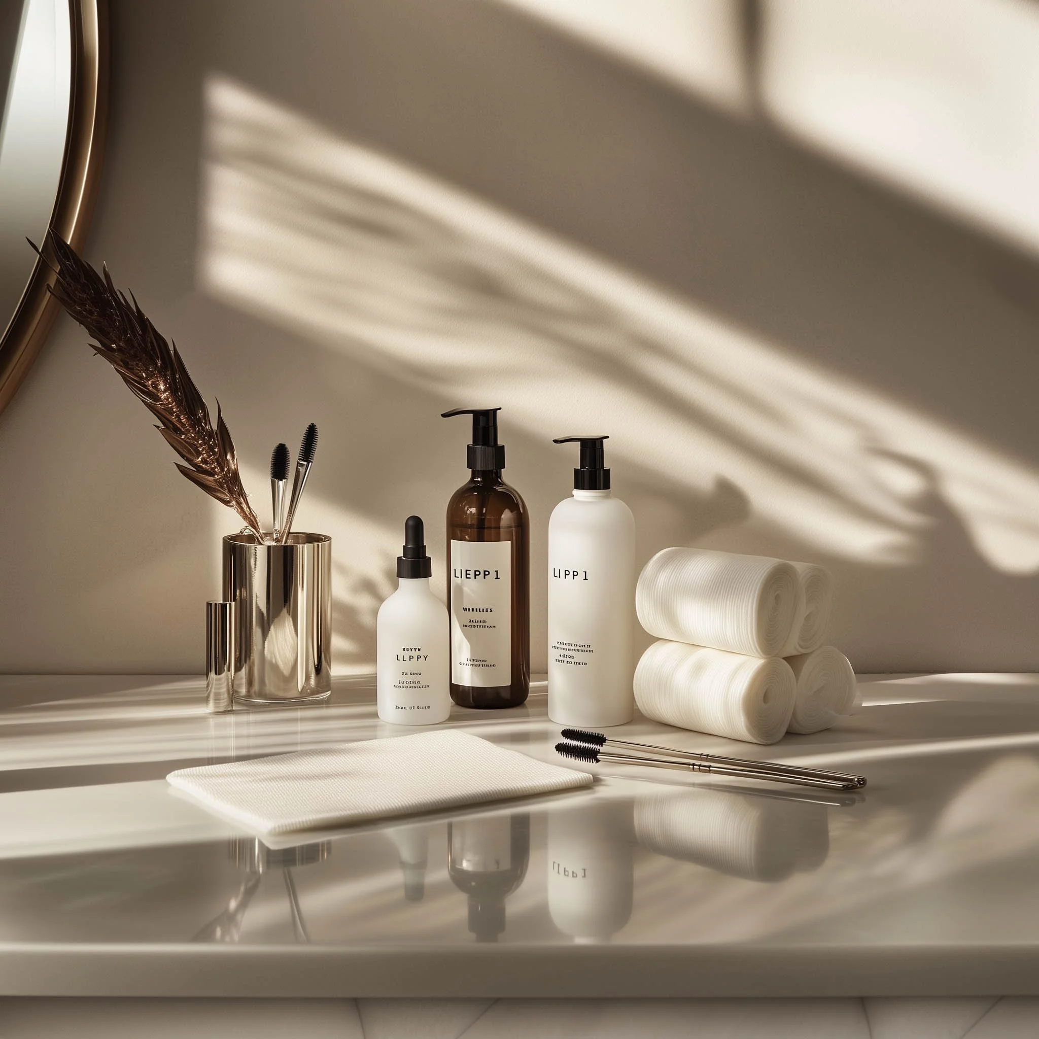 A bathroom counter with various toiletry bottles, rolled white towels, a mirror reflecting sunlight, and decorative dried plant stems in a metallic vase with shadows creating diagonal lines on the wall.