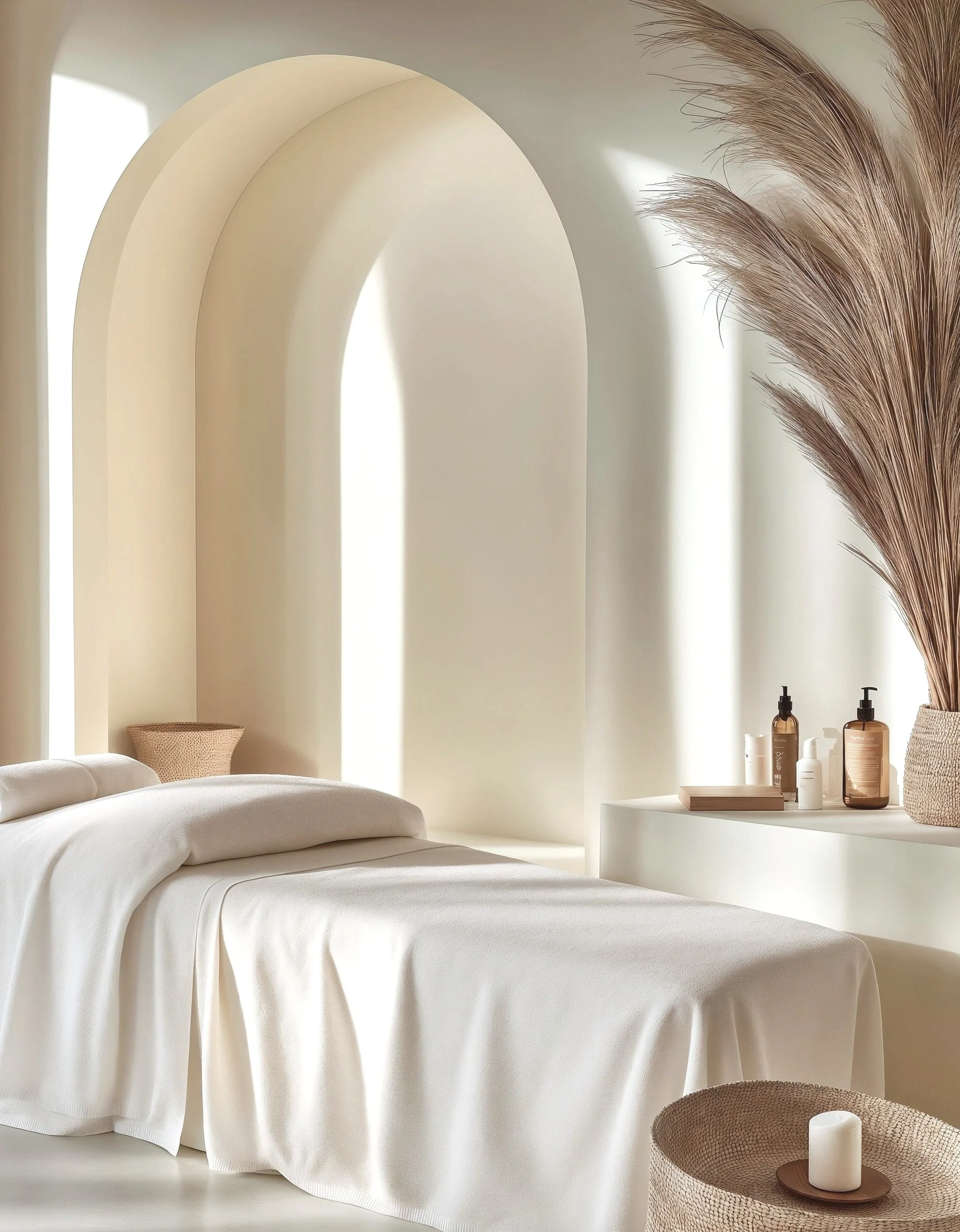 A minimalist bedroom with a white bed draped in soft fabric, a curved headboard, beige woven baskets, and a side table with natural-colored bottles and a large dried palm leaf decoration.