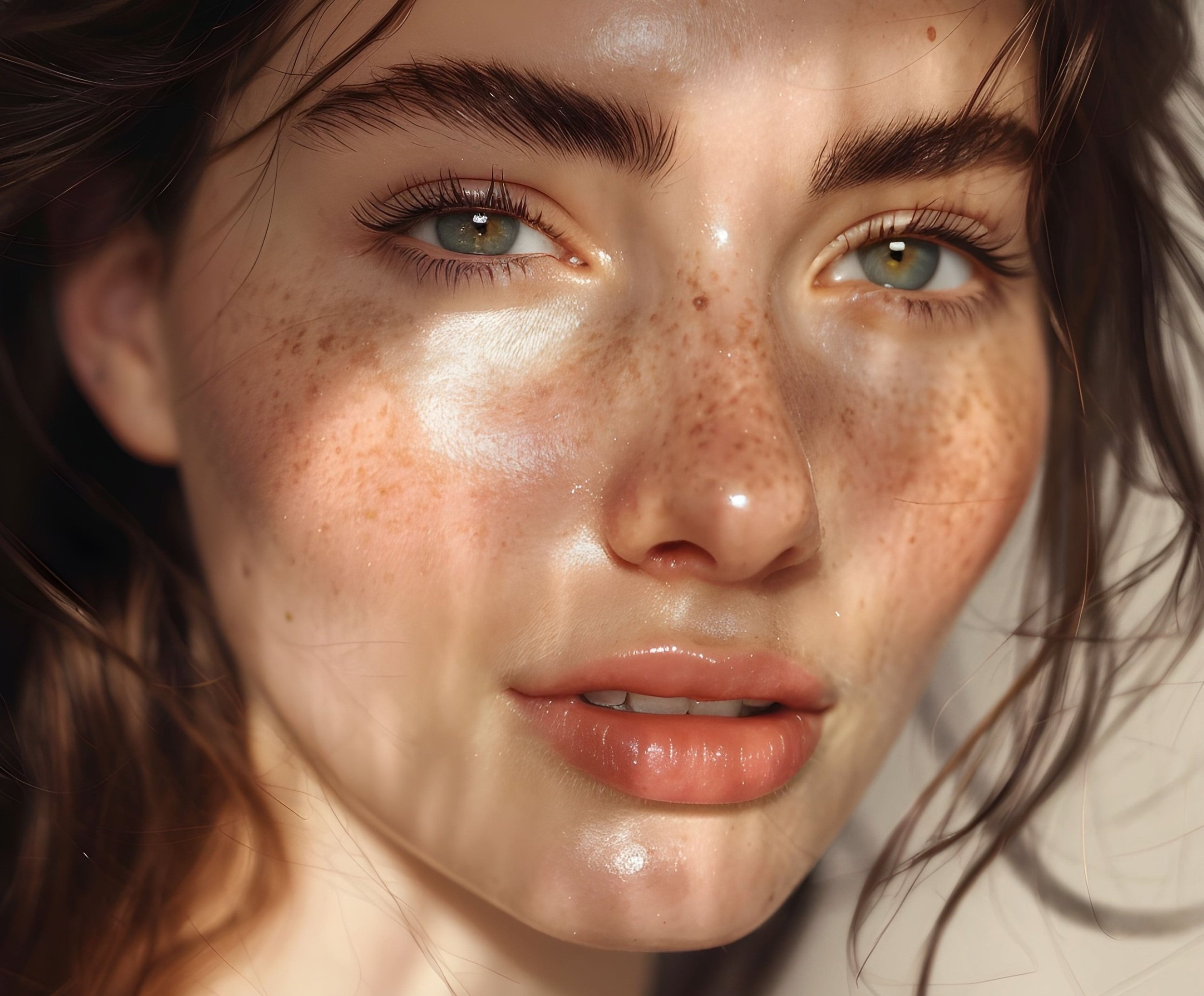 Close-up of a woman's face showing her blue eyes, freckles, and brown hair.