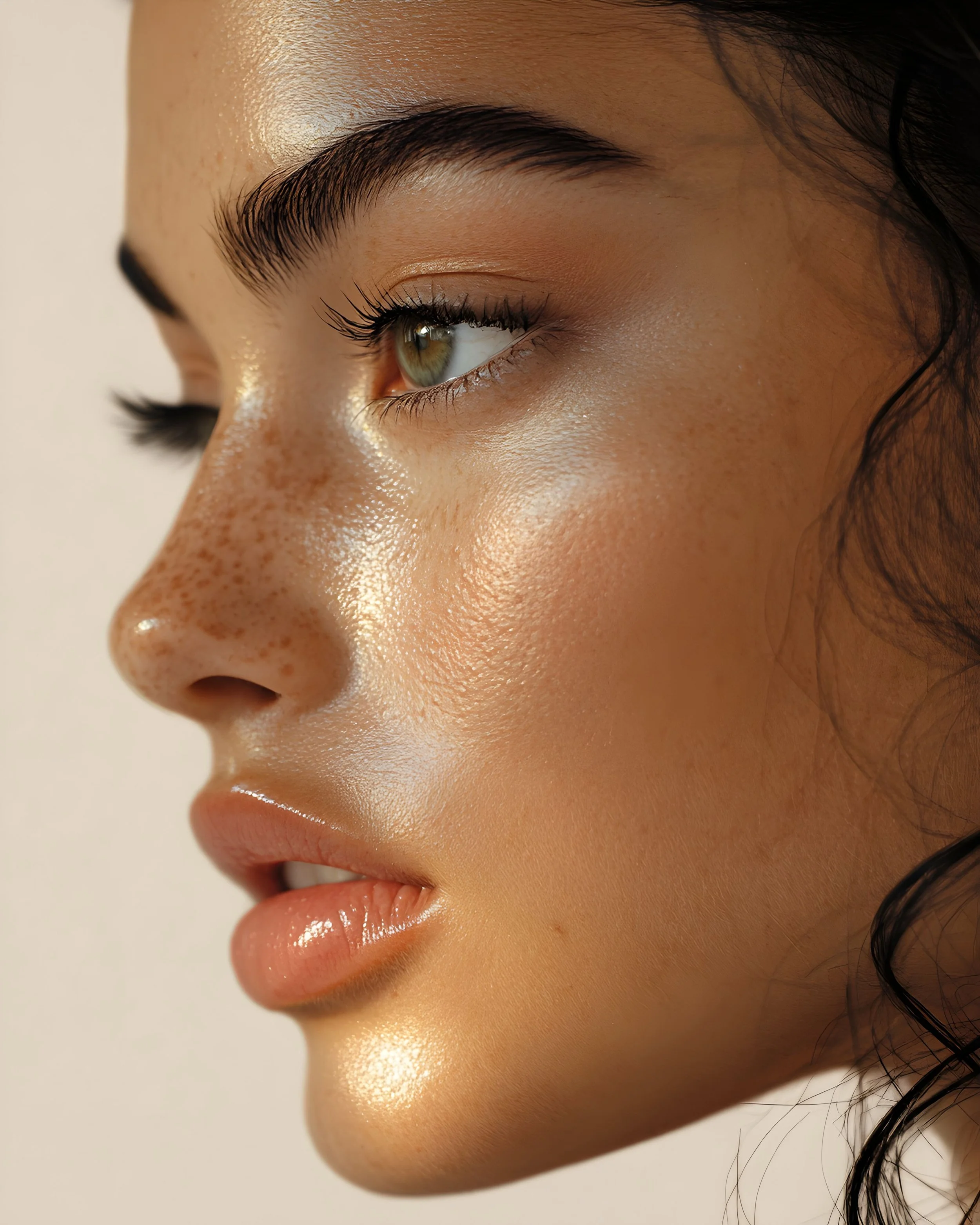Close-up side view of a woman's face highlighting her eye, eyebrow, and skin detail.