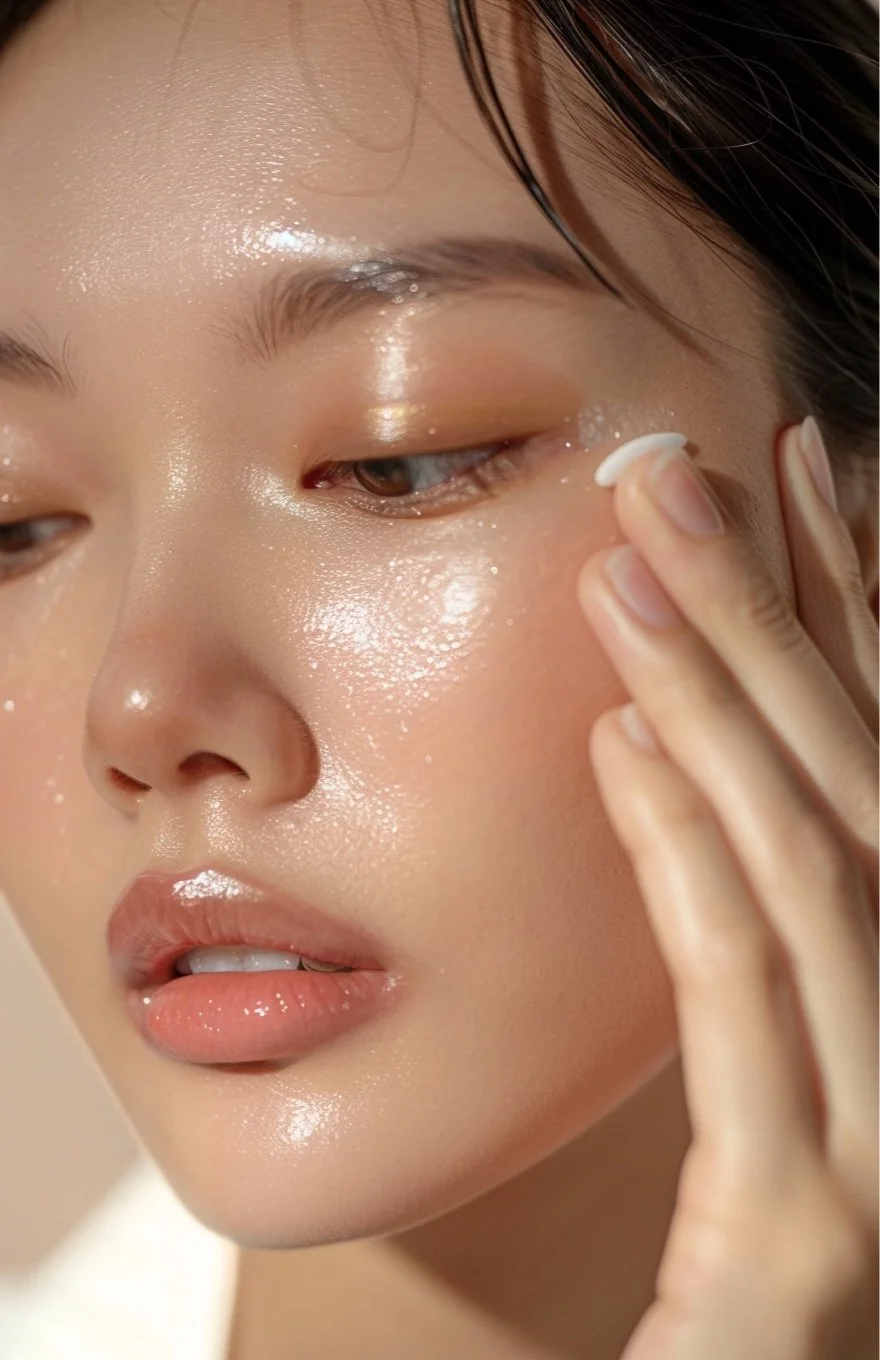 Close-up of a woman applying skincare cream to her cheek, with glowing, dewy skin and natural makeup.