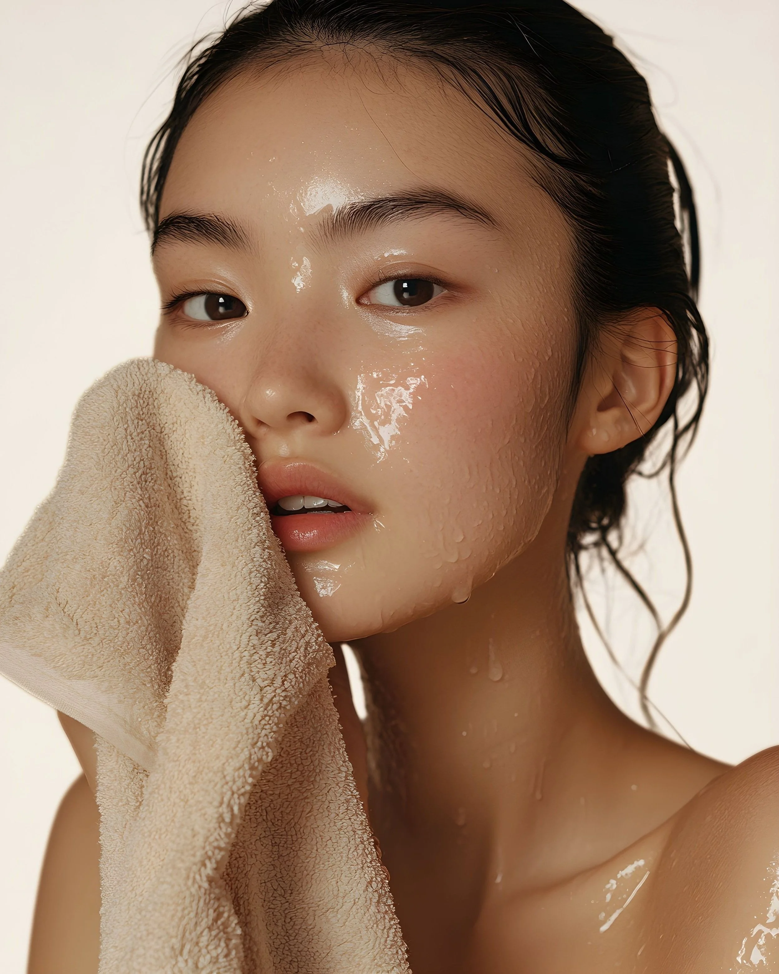 A close-up of a young woman with wet hair, holding a beige towel to her face, with water droplets on her face, against a neutral background.