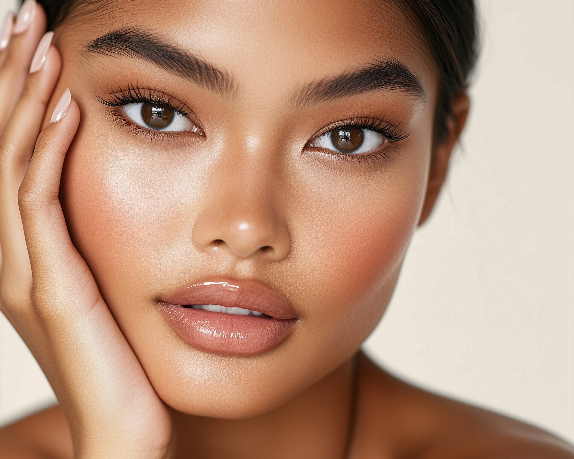 Close-up of a woman's face with smooth skin, brown eyes, well-groomed eyebrows, long eyelashes, and glossy lips, touching her cheek with her fingers.