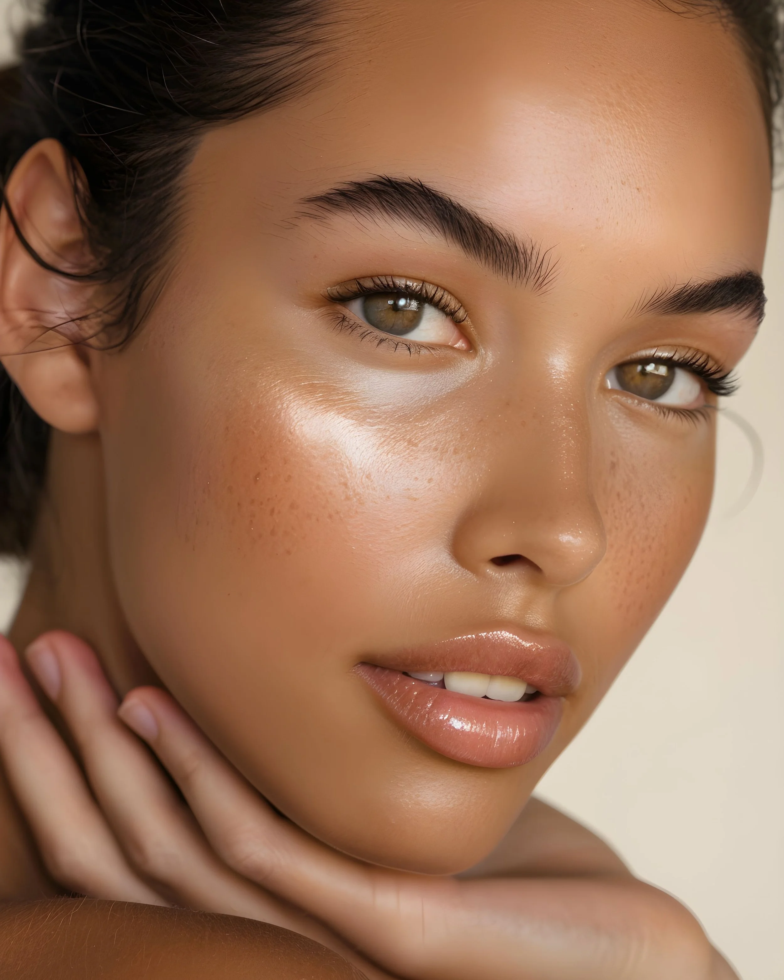 Close-up of a woman's face with well-groomed eyebrows, brown eyes, and glossy lips, touching her neck with one hand.