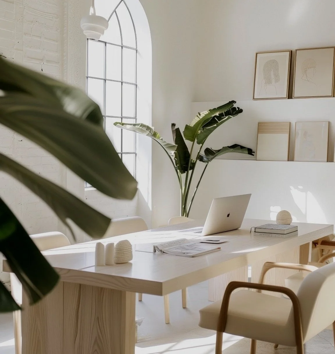 Minimalist office with large green plant, white desk, laptop, and framed artwork on white wall