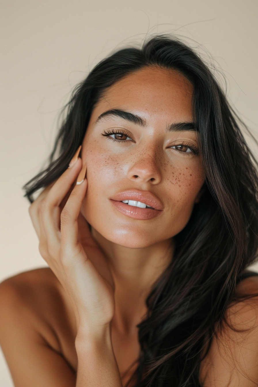 Close-up portrait of a woman with long dark hair, brown eyes, freckles, and natural makeup, touching her face gently.