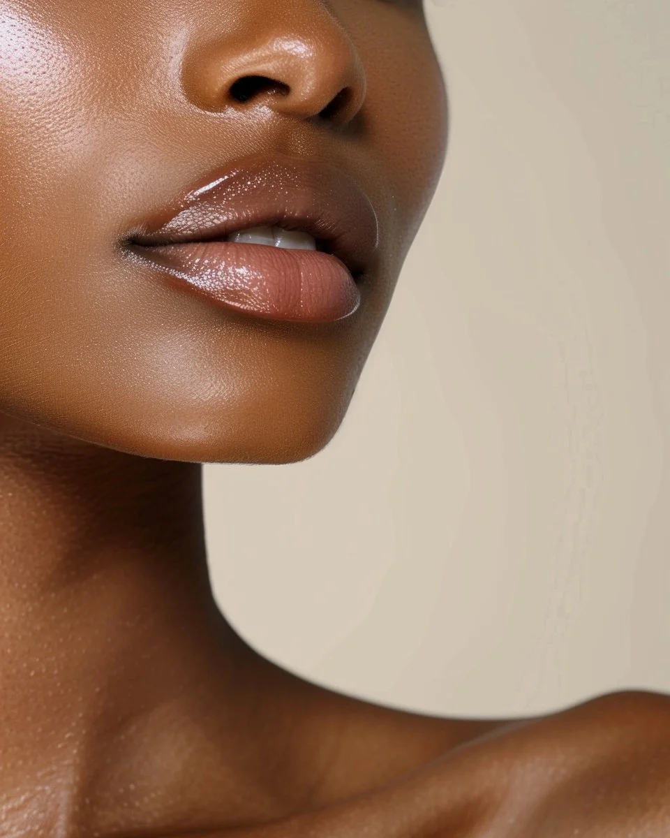 Close-up of a woman's lips and lower face, showing smooth, moisturized skin and a neutral background.