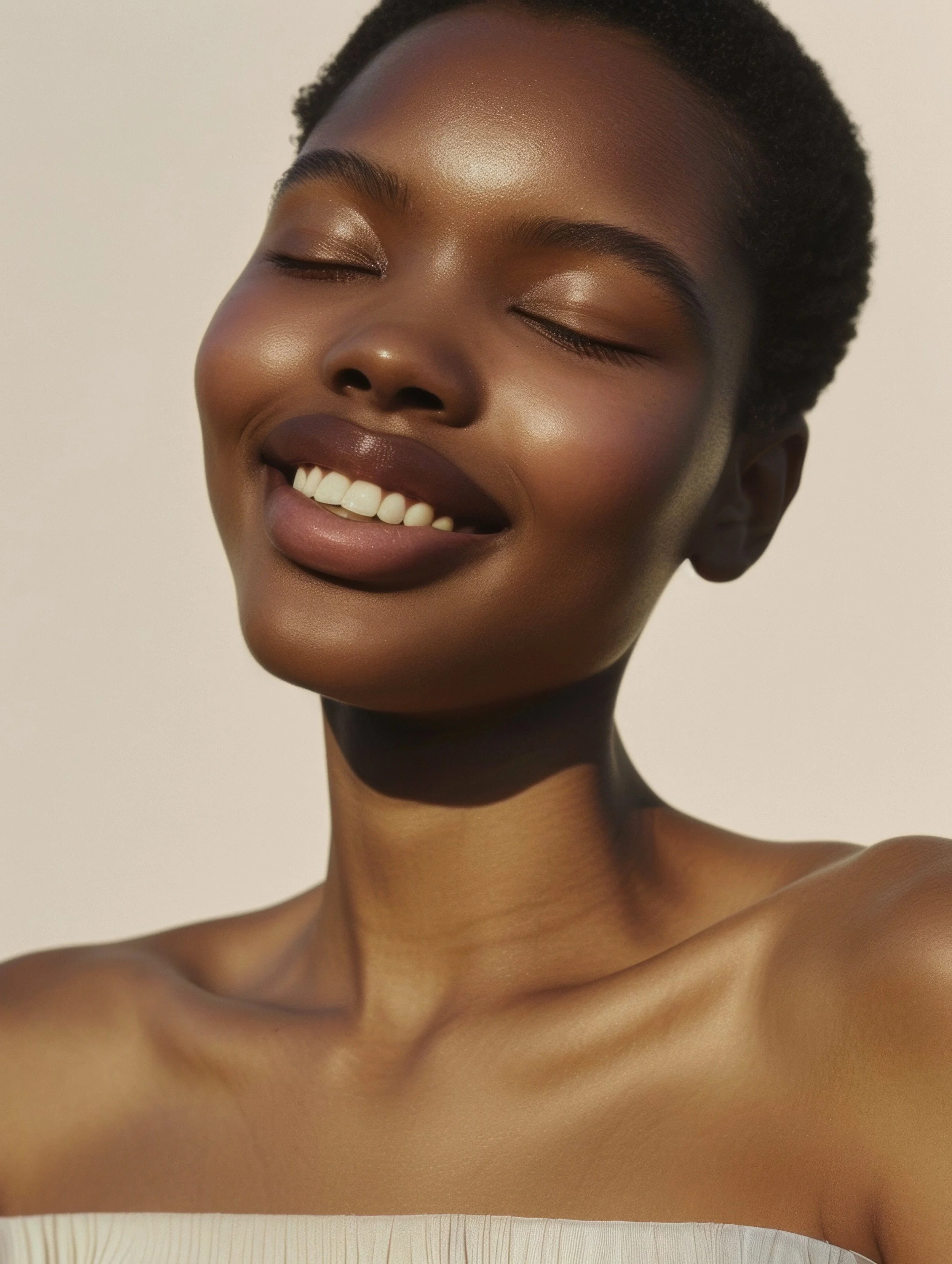 Close-up of a smiling woman with dark skin and short, natural hair, with eyes closed and showing white teeth, outdoors with a neutral background.