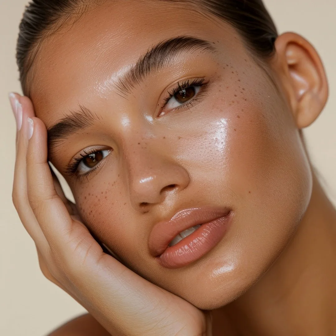 Close-up of a woman's face with natural makeup, including glossy lips, clear skin, and freckles, resting her head on her hand.