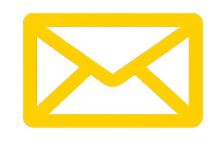 Yellow email icon with outline of envelope on black background.