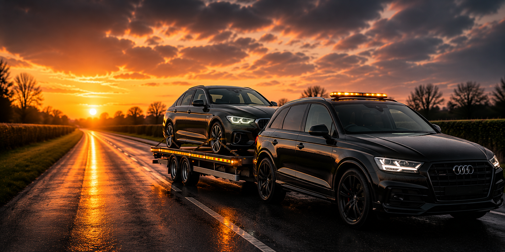 Black Audi SUV towing a car on a trailer during sunset on a wet road.