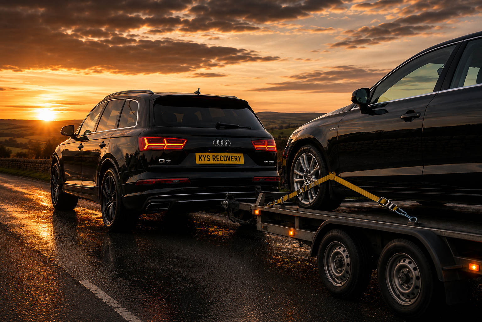Black Audi Q7 being loaded onto a flatbed tow truck during sunset in the countryside.