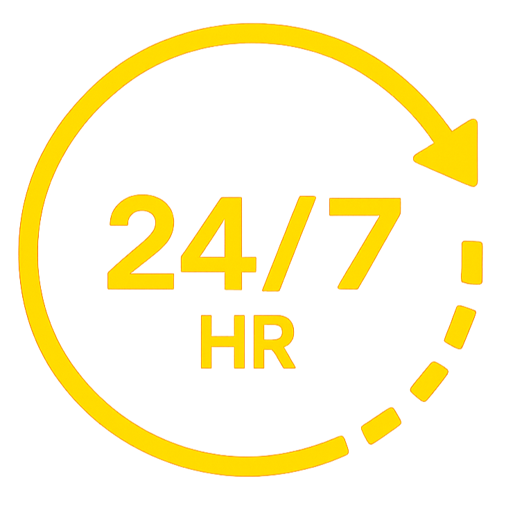 Yellow icon with a circular arrow and the text '24/7 HR' in yellow.